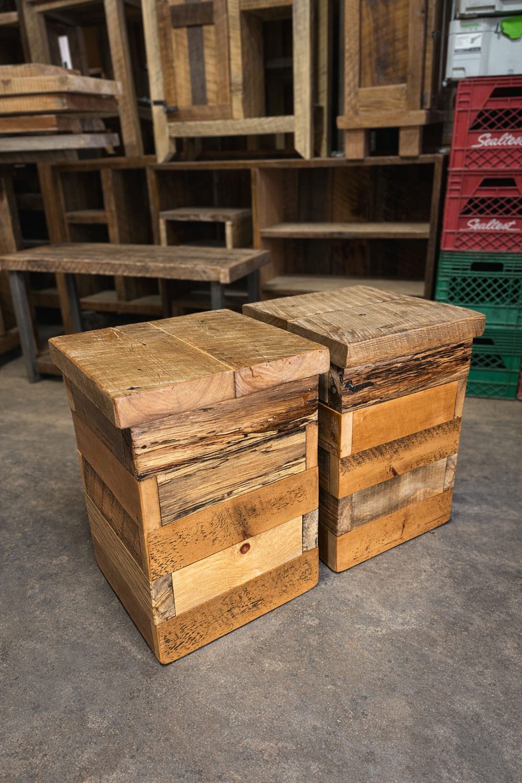 2 x Rustic Mixed Wood Side Tables