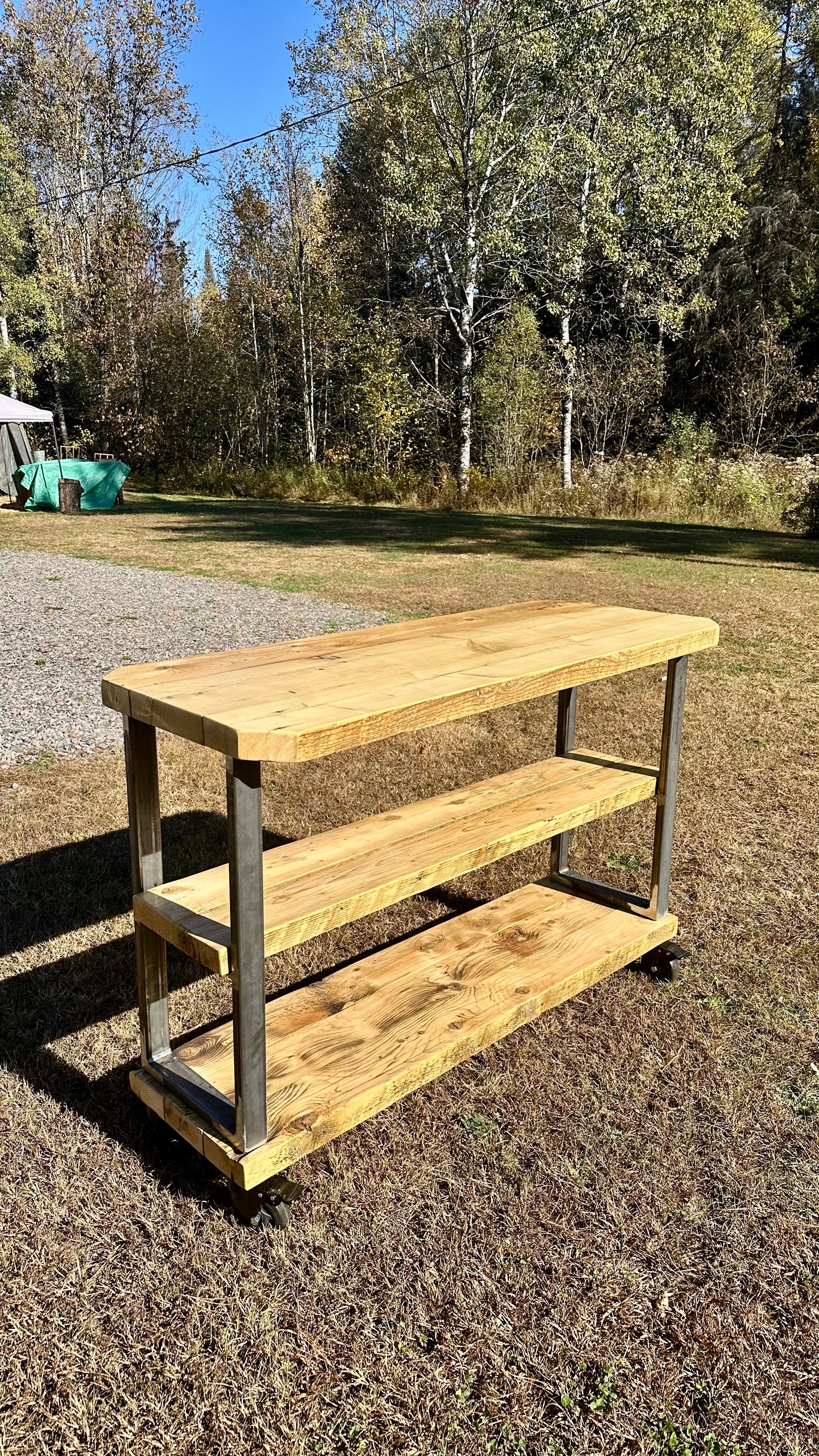 4 1/2’ L Rustic Reclaimed Wood + Steel Kitchen Island