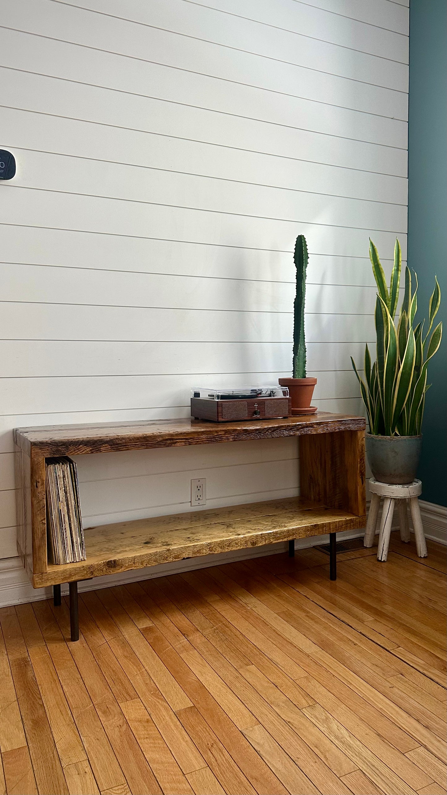 50” L Rustic Wood Minimalist Media / Vinyl Stand on Pin Legs