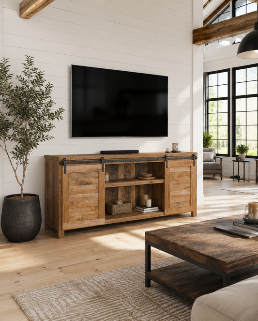 6’ L Rustic Wood Media / Bar Barn Door Cabinet