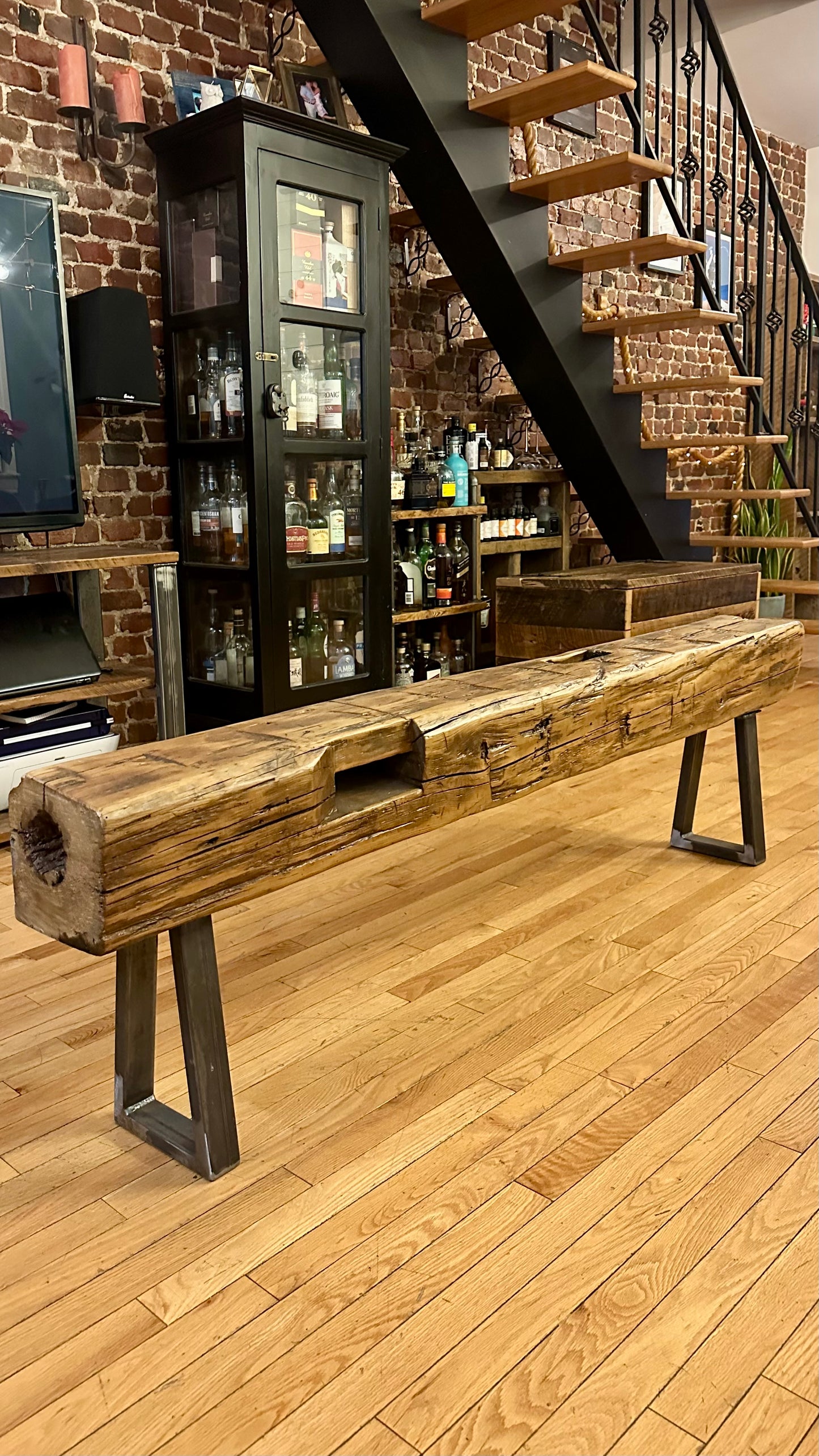 6’ Rustic Reclaimed Barn Wood Beam Bench on Steel Legs