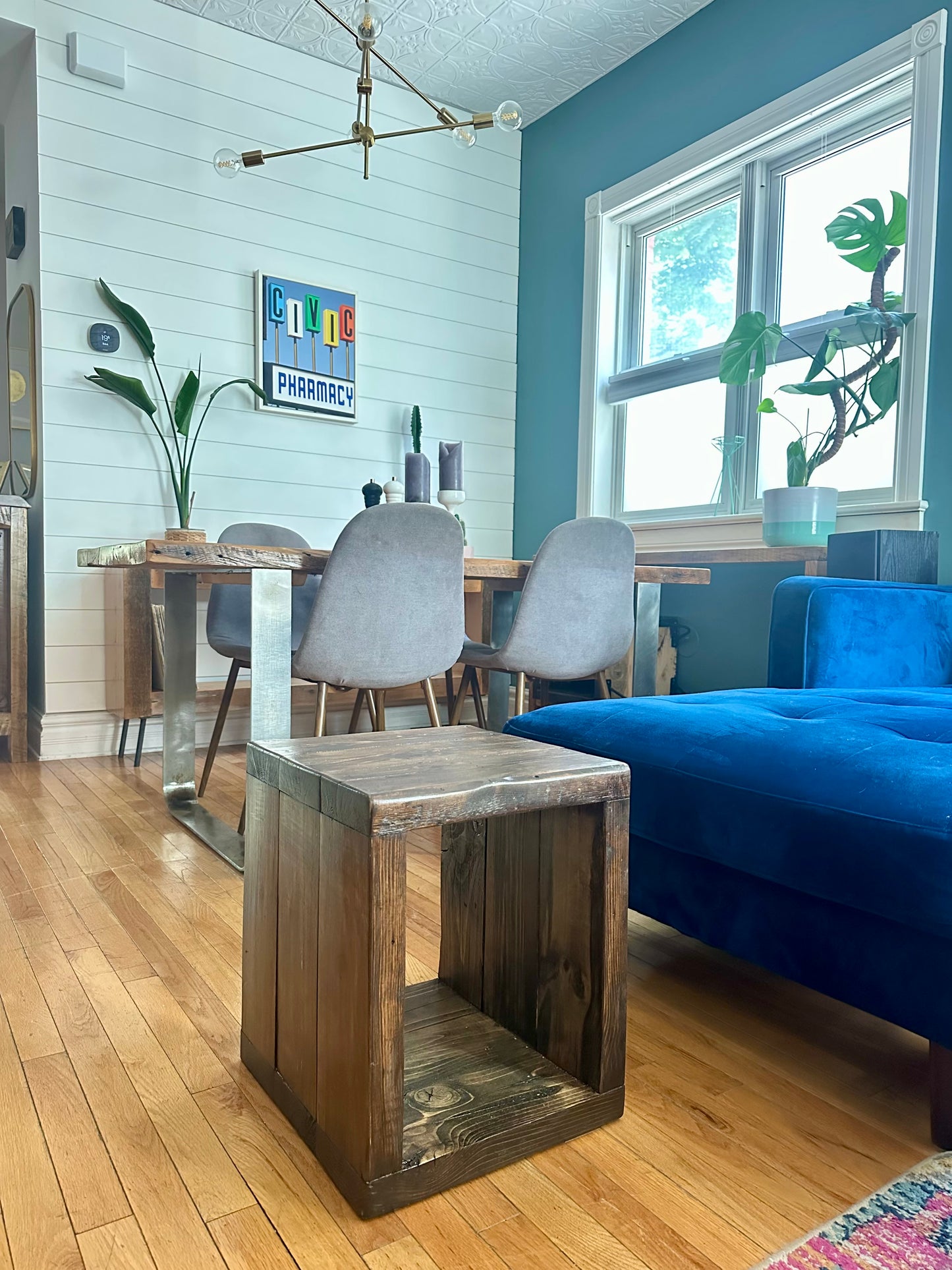 2 x Rustic Pine Wood Side Tables / Vinyl Cubbies