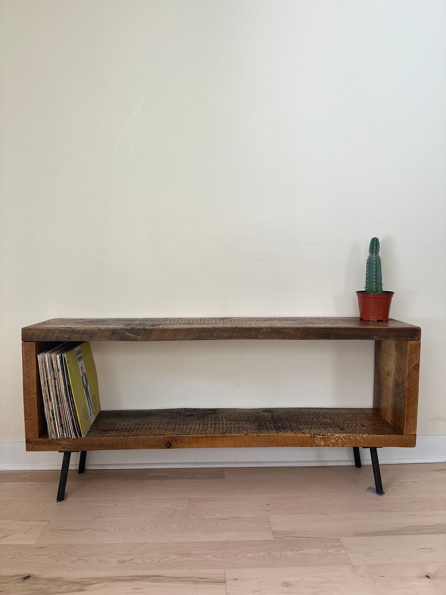 5’ L Minimalist Rustic Wood Media Stand on Pin Legs