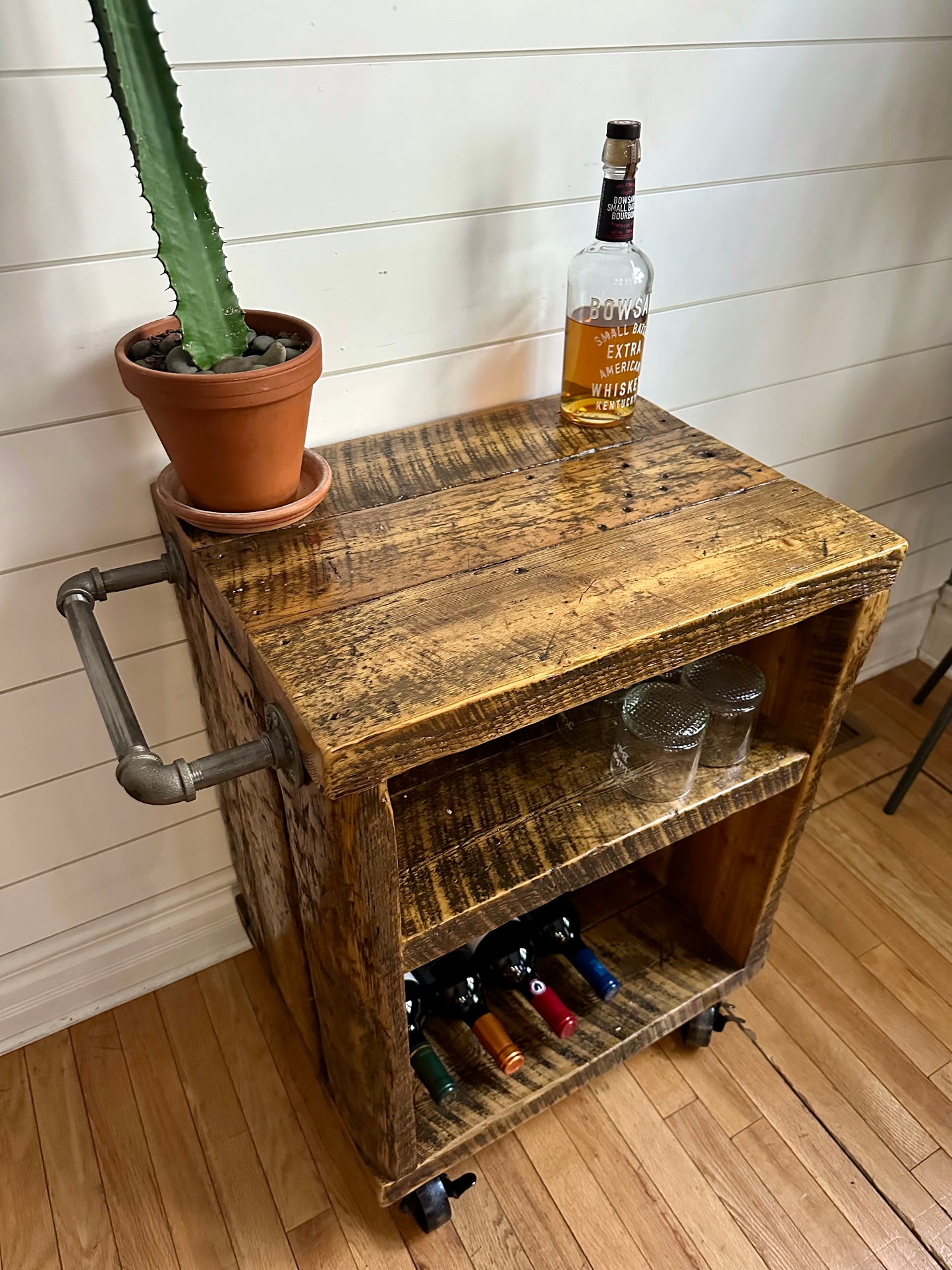 Rustic Reclaimed Wood Rolling Bar / Kitchen Cart