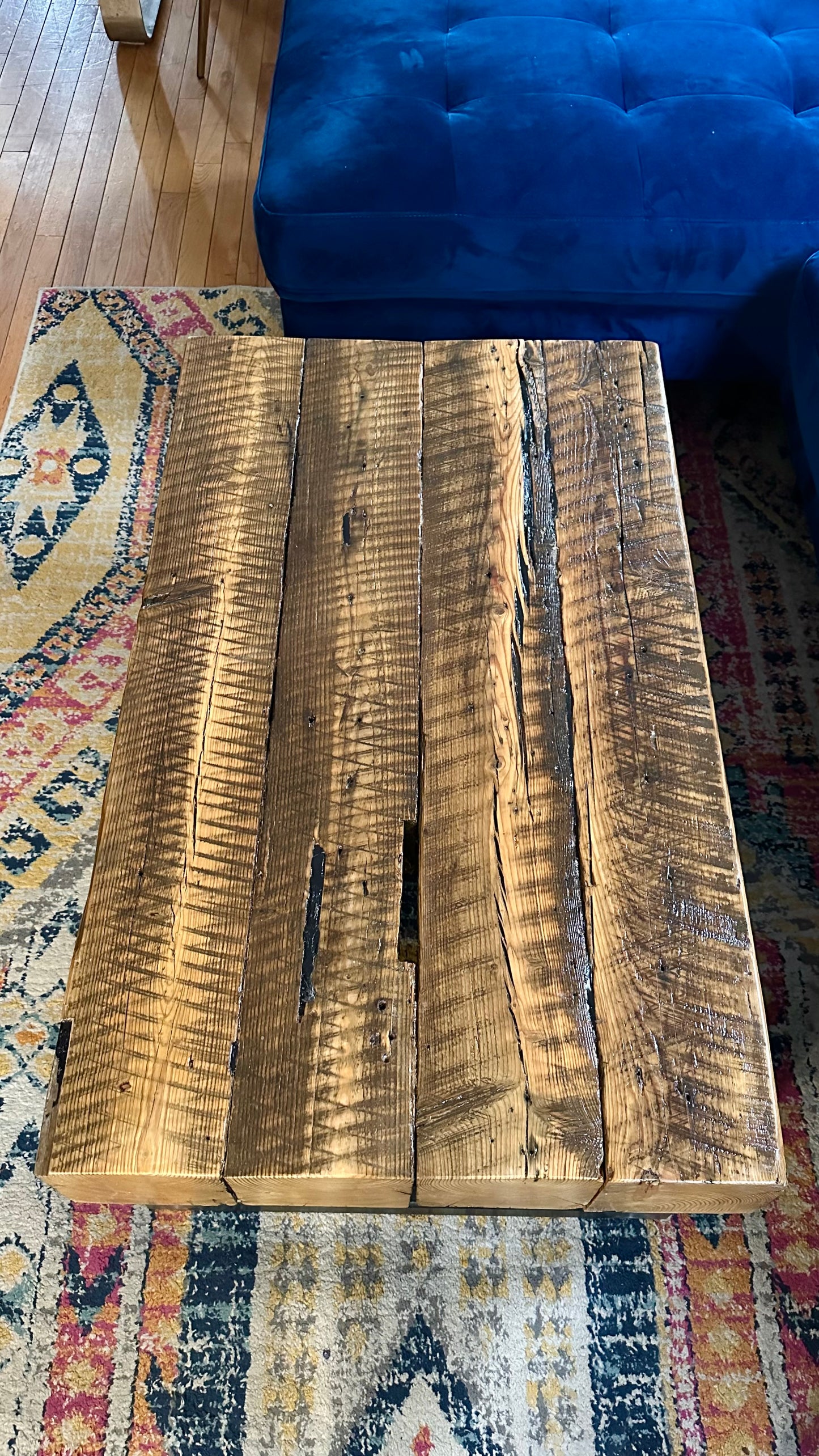 3.5' L Rustic Wood Beam + Steel Table