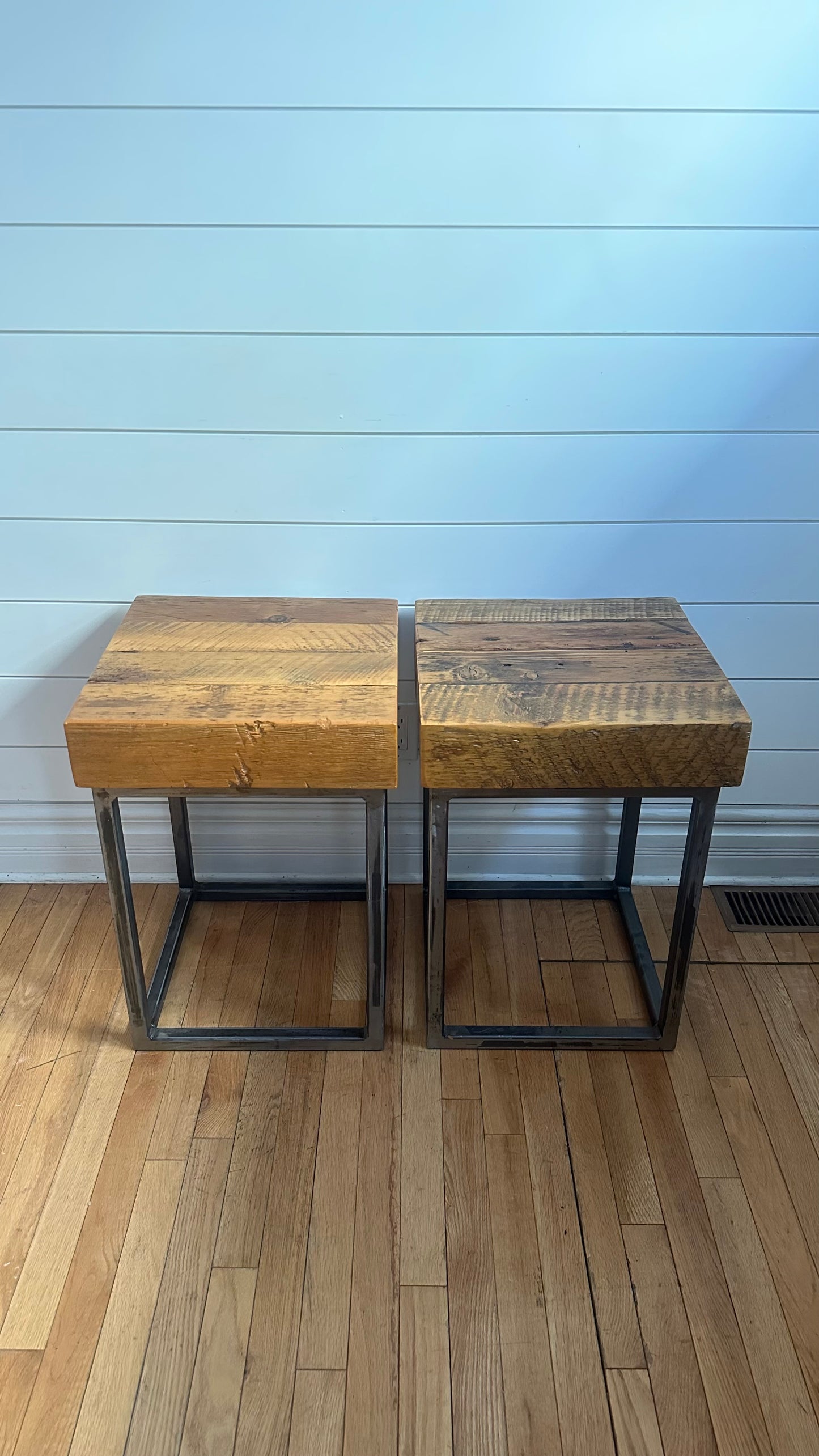 Set of 2 Rustic Reclaimed Barn Wood + Steel Side Tables