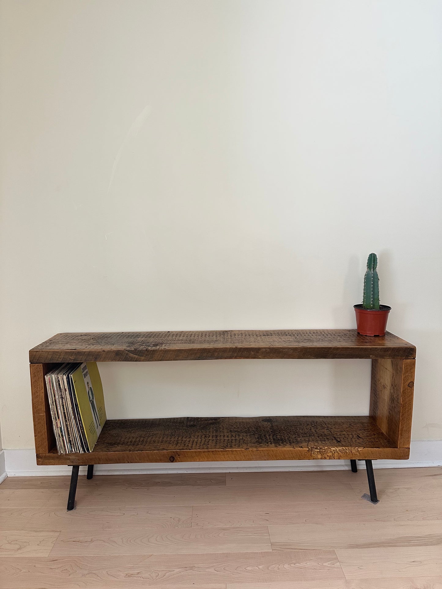 5’ L Minimalist Rustic Wood Media Stand on Pin Legs
