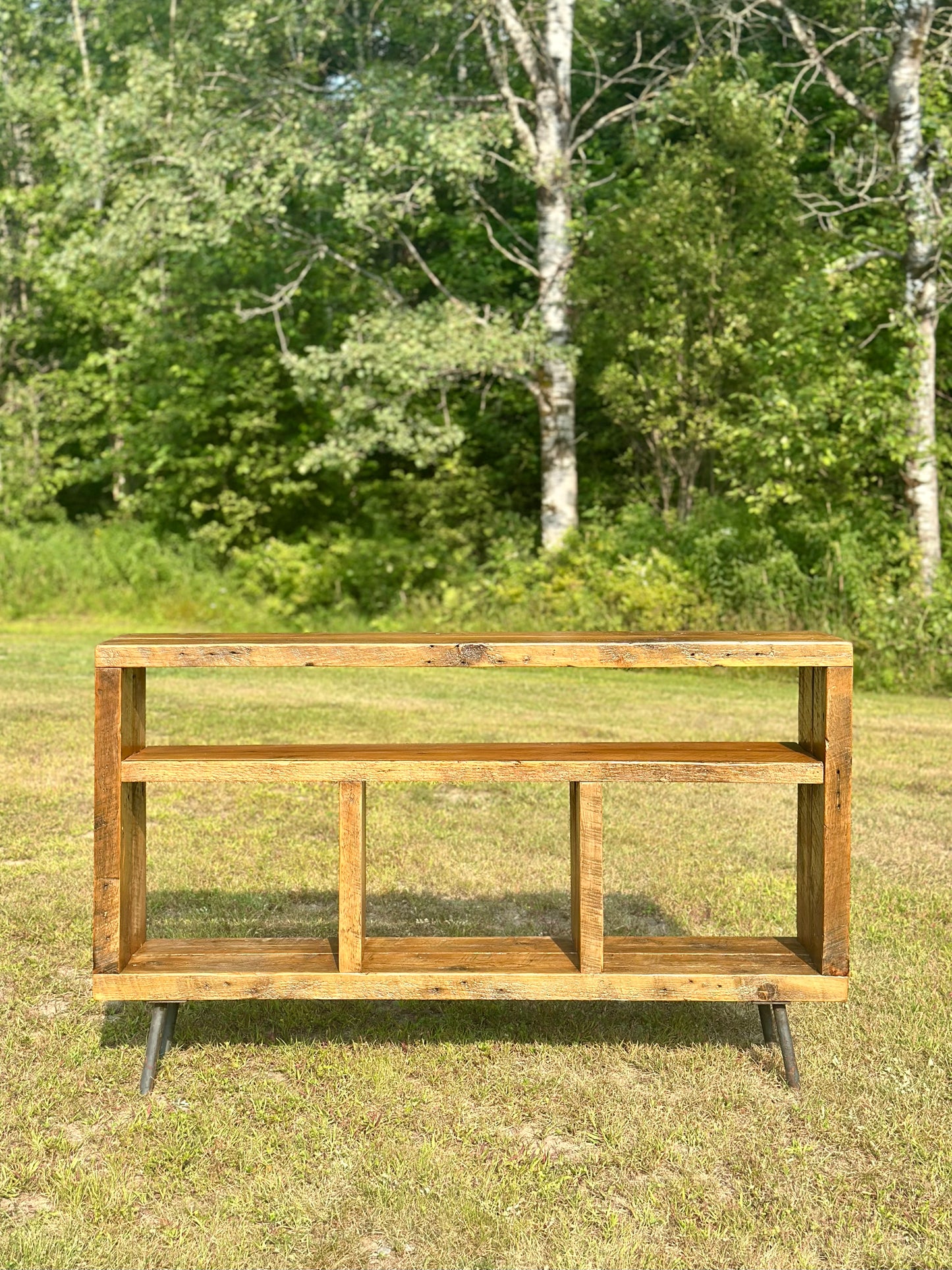 5’ L Rustic Reclaimed Wood Console / Media Table on Pin Legs