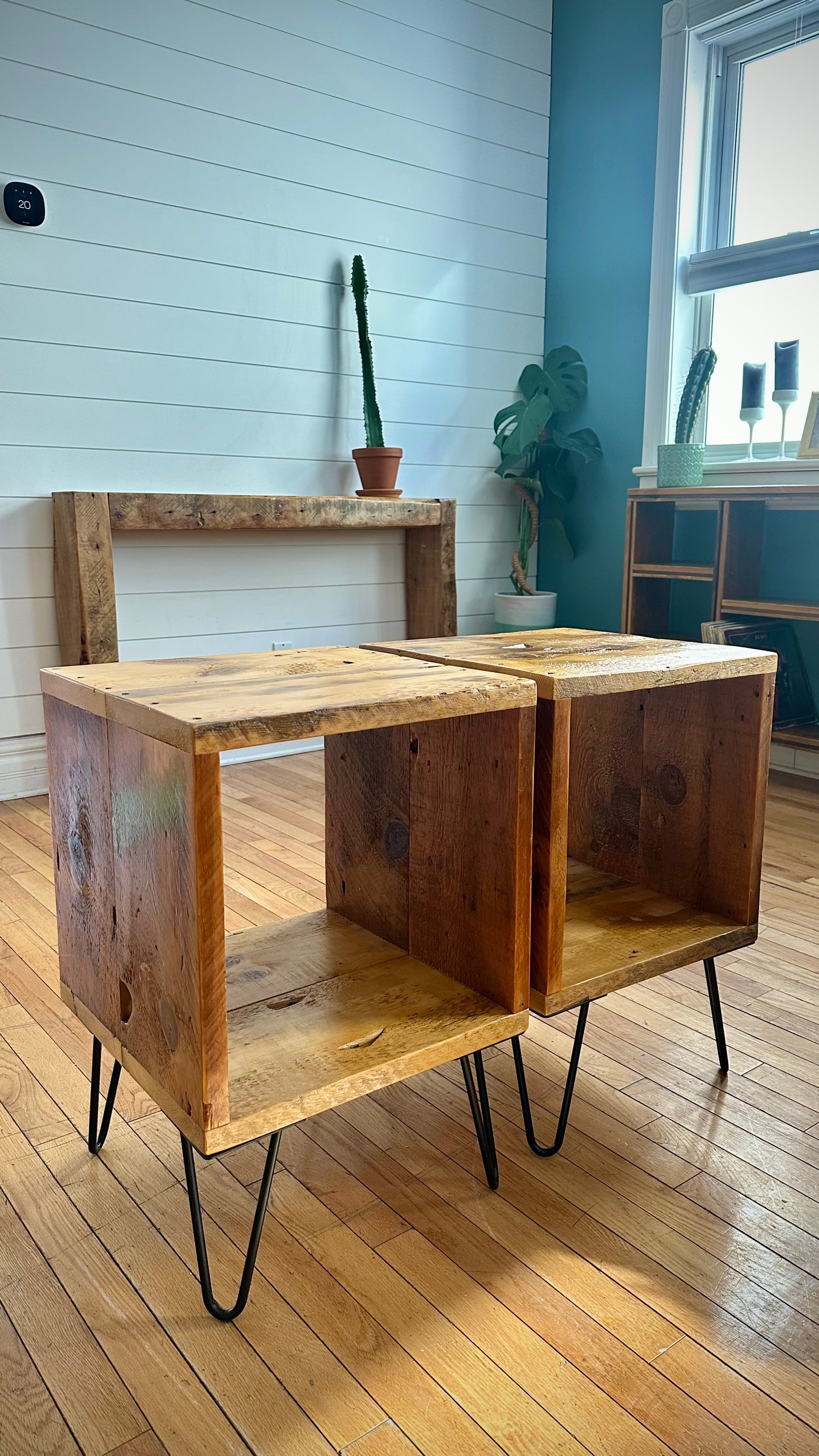 Set of 2 Rustic Reclaimed Wood Cube Side Tables / Night Stands on Hairpin Legs
