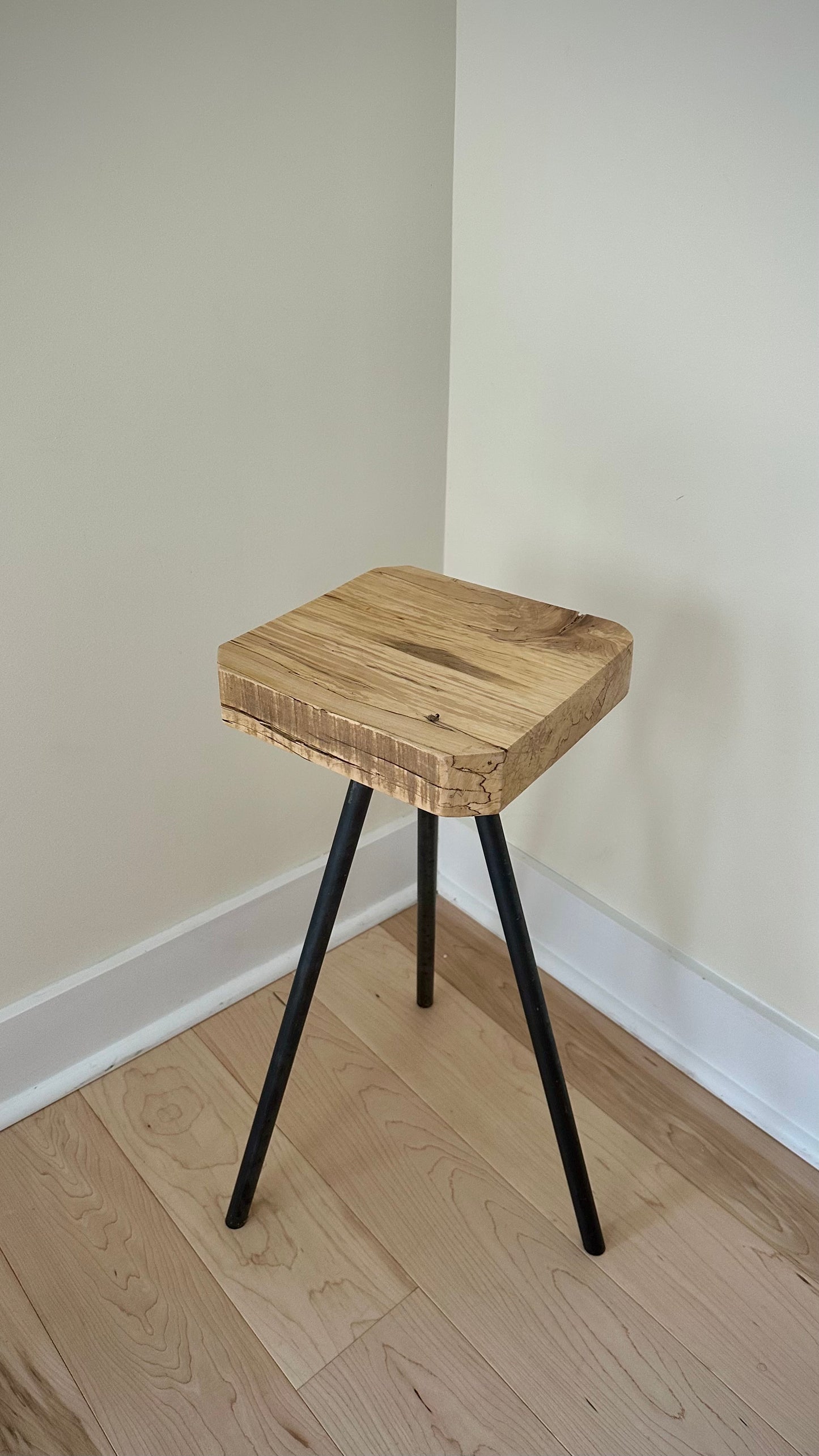 Wood side table / plant stand on steel tripod base
