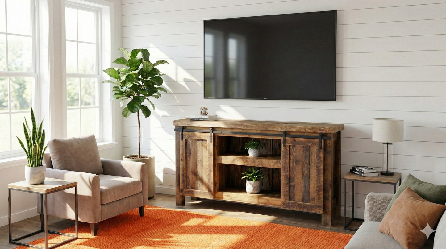 6’ L Rustic Wood Media / Bar Barn Door Cabinet