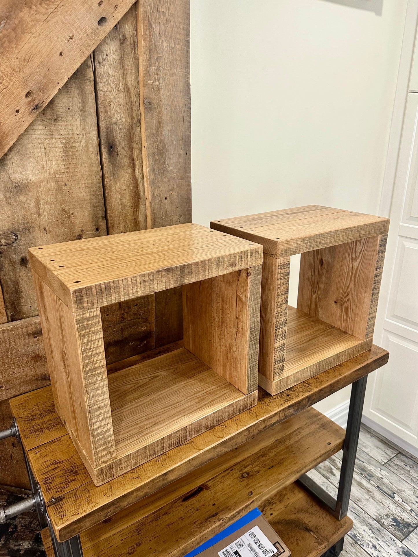 2 x Rustic Oak Wood Side Tables / Vinyl Cubbies