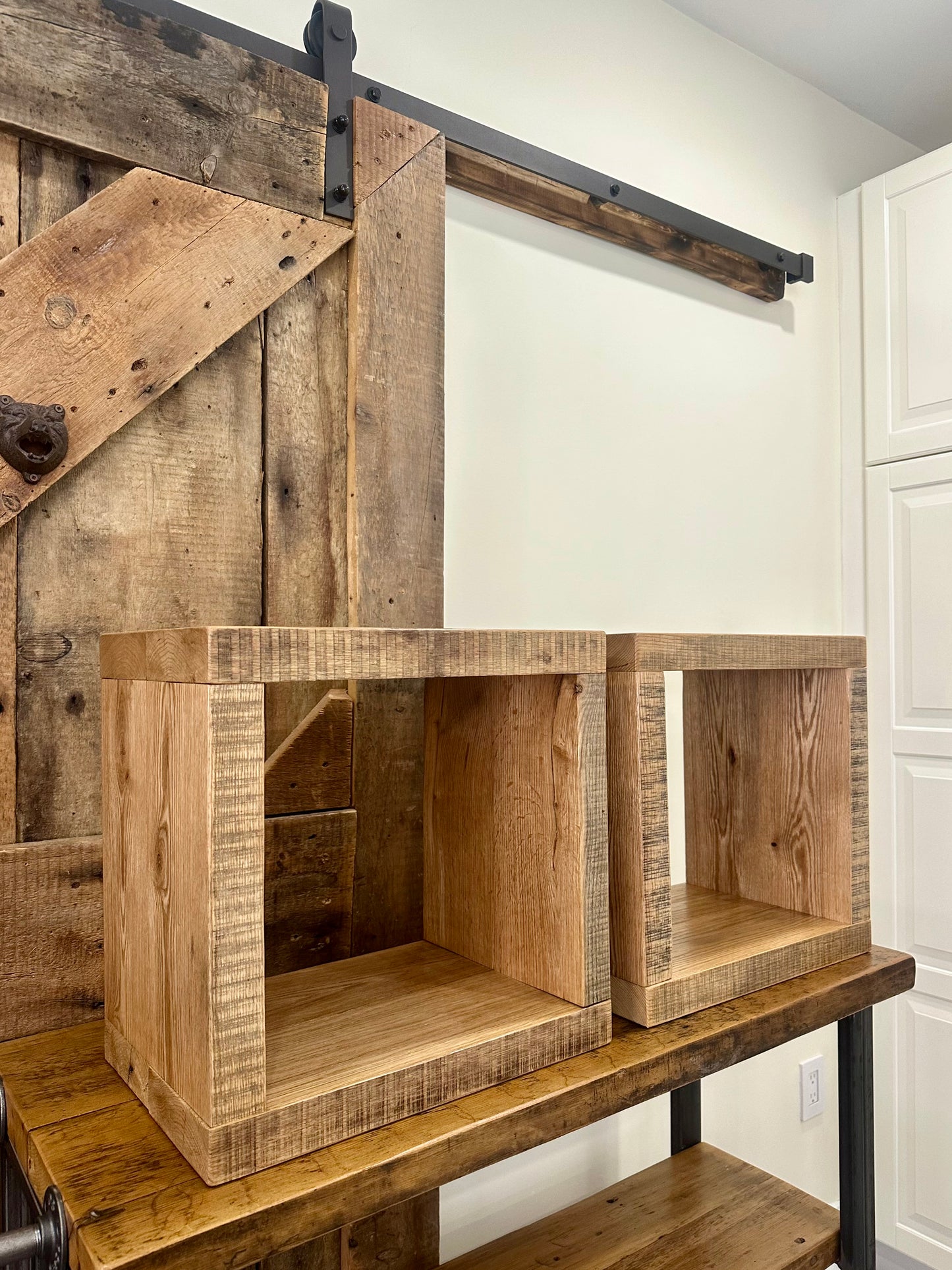 2 x Rustic Oak Wood Side Tables / Vinyl Cubbies