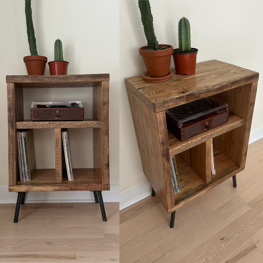 24” L Rustic Reclaimed Oak Wood Vinyl Stand / Media Table