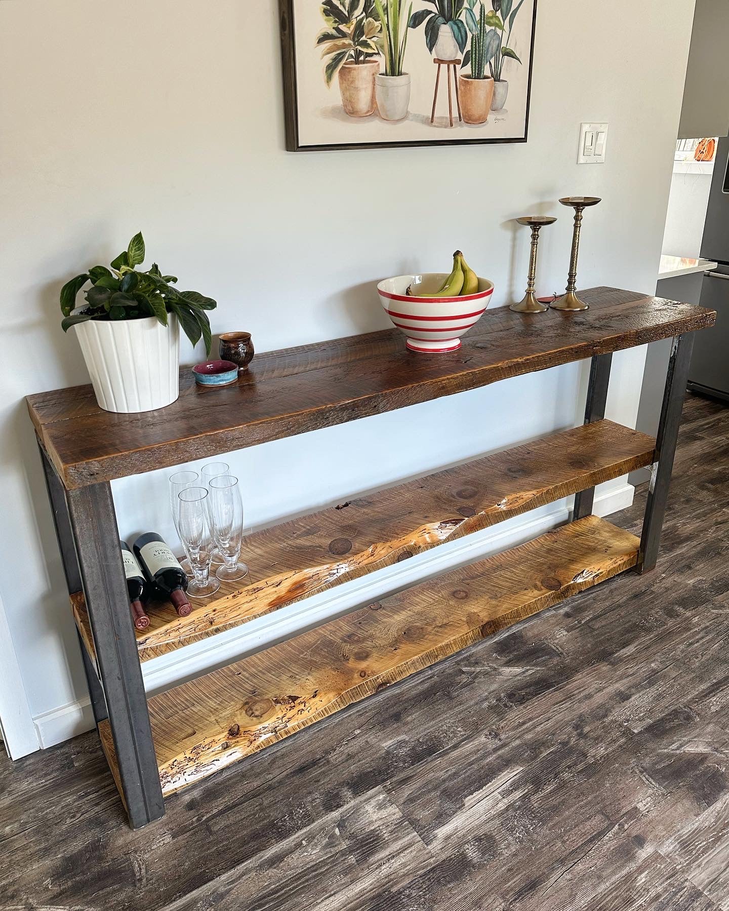 5 1/2’ Rustic Reclaimed Wood + Steel Shelf / Console Table