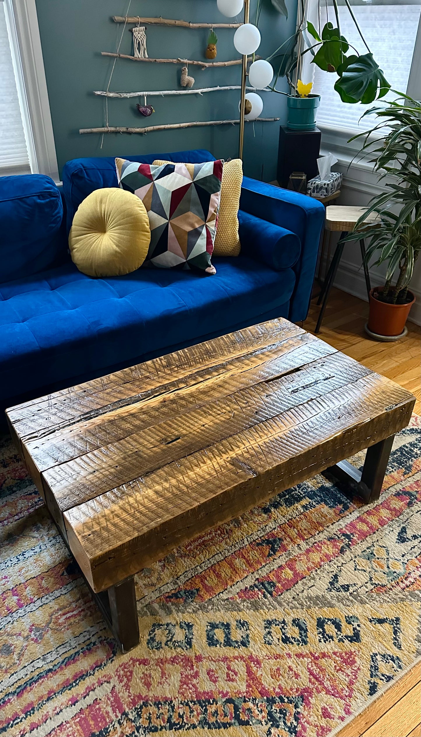 3.5' L Rustic Wood Beam + Steel Table