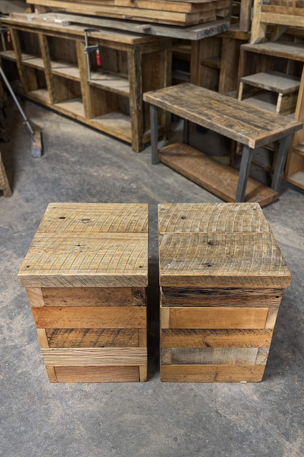 2 x Rustic Mixed Wood Side Tables