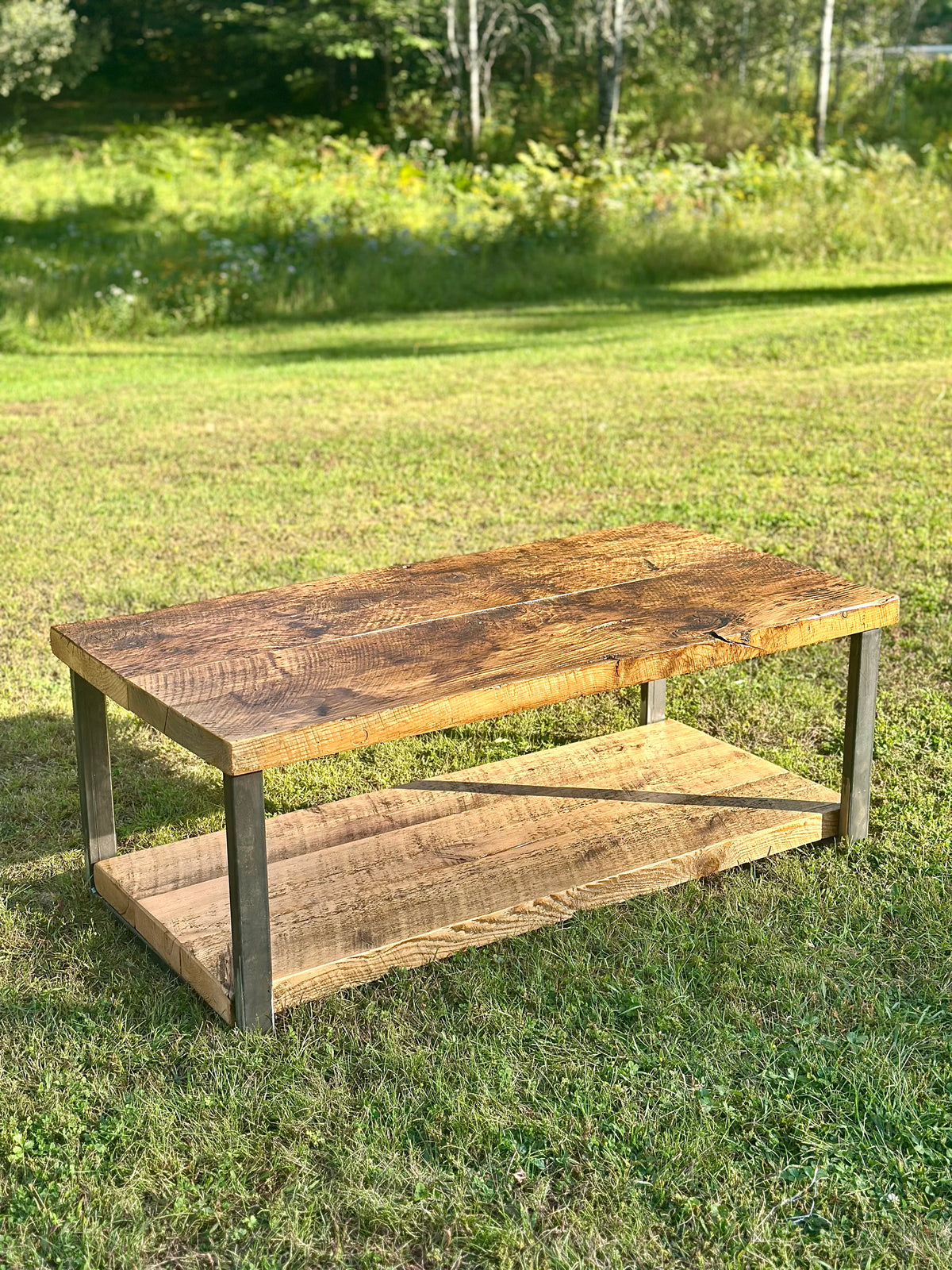 4' L Rustic Reclaimed Wood + Steel Coffee Table