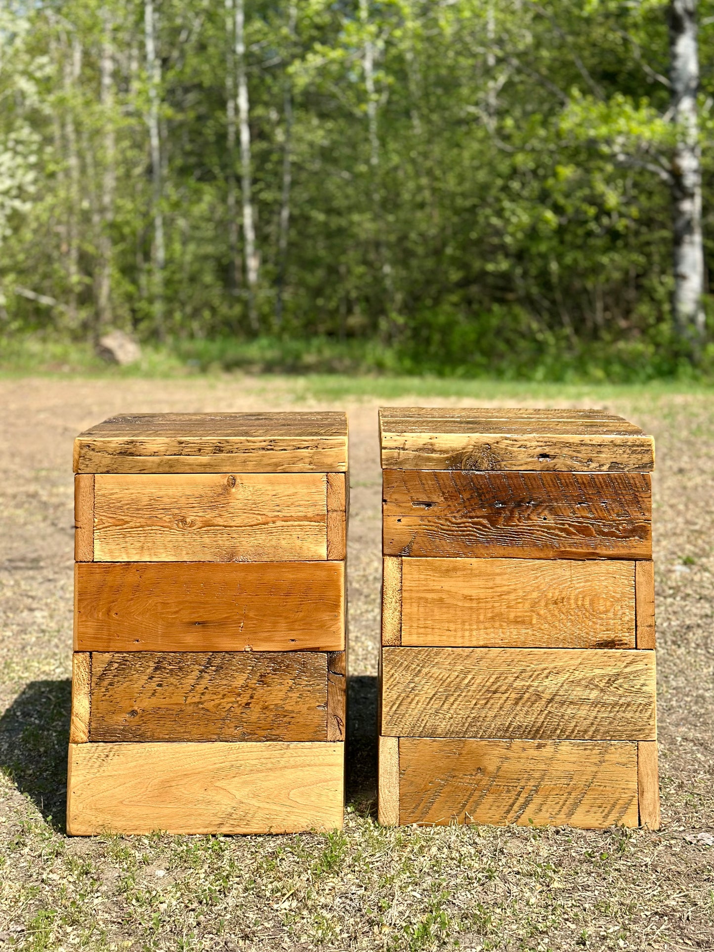 Set of 2 Rustic Mixed Reclaimed Wood Side Tables / Night Stands