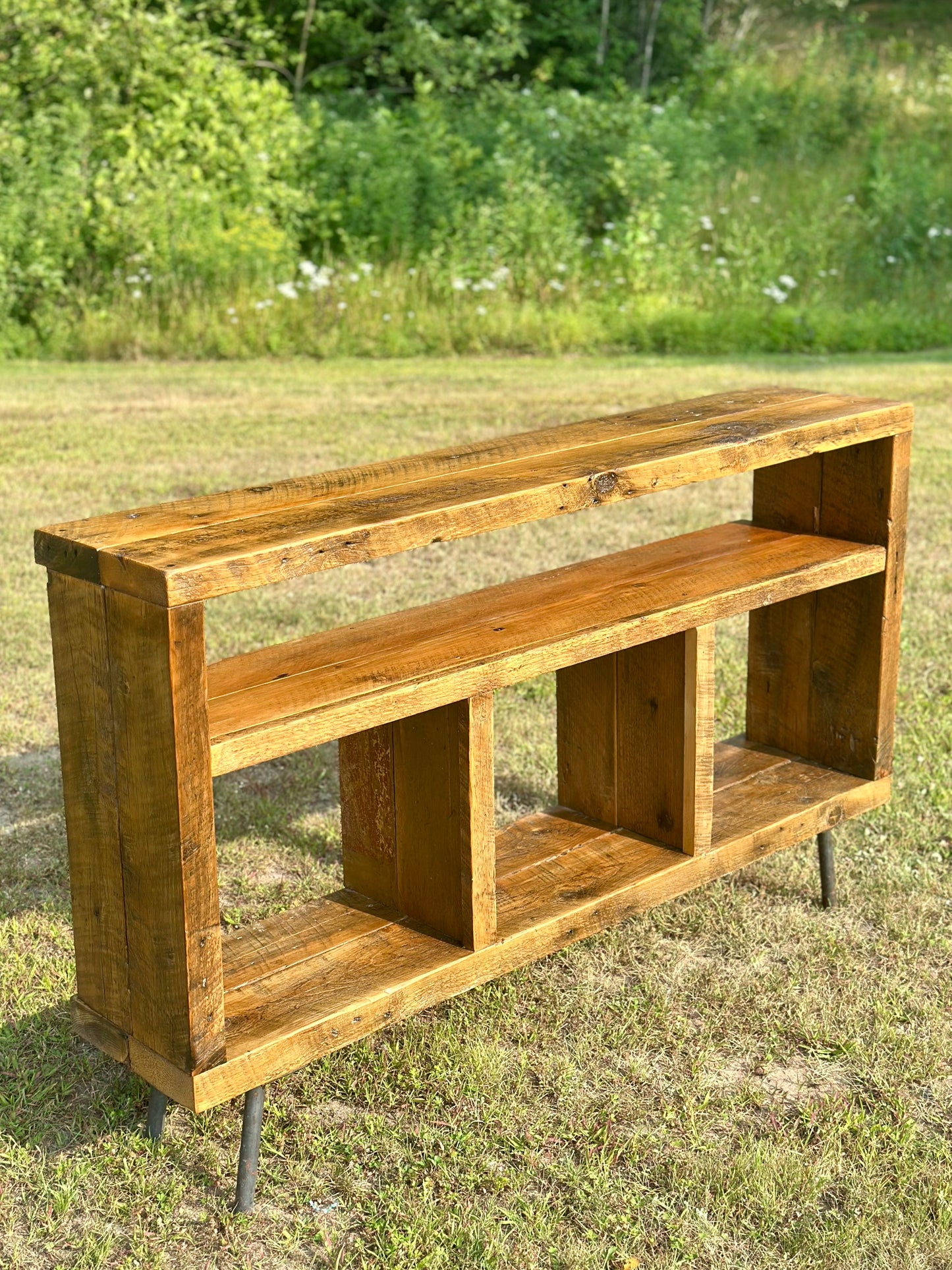 5’ L Rustic Reclaimed Wood Console / Media Table on Pin Legs