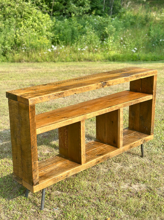 5’ L Rustic Reclaimed Wood Console / Media Table on Pin Legs