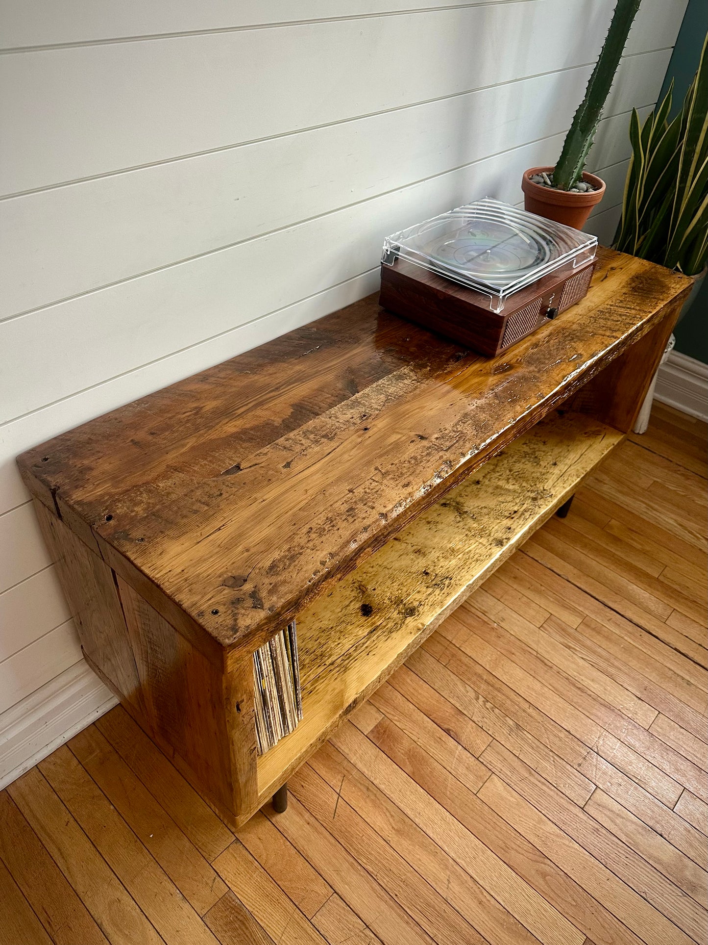 50” L Rustic Wood Minimalist Media / Vinyl Stand on Pin Legs