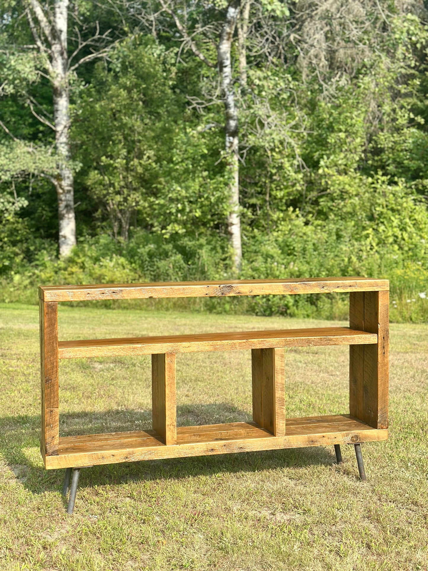 5’ L Rustic Reclaimed Wood Console / Media Table on Pin Legs