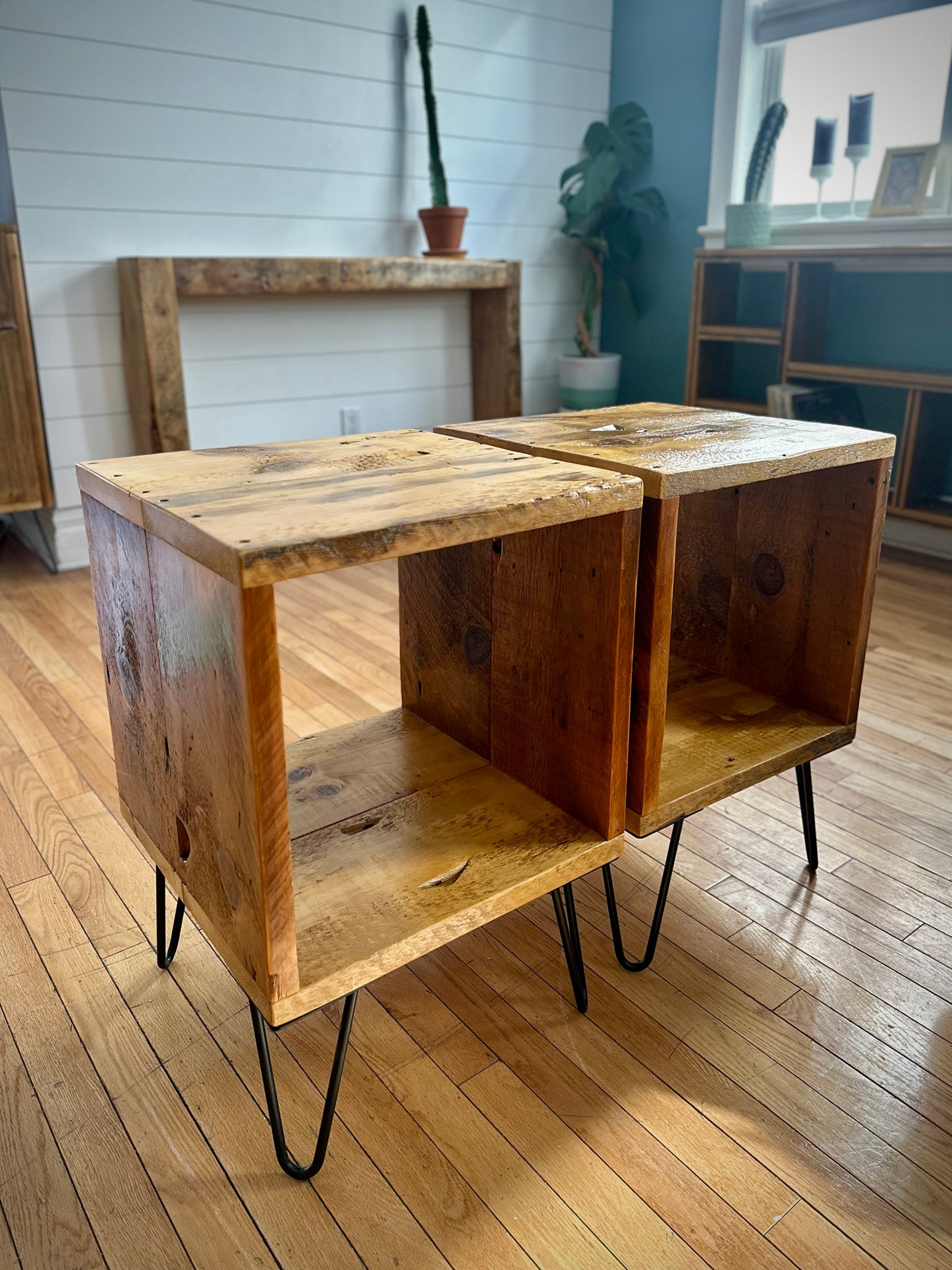Set of 2 Rustic Reclaimed Wood Cube Side Tables / Night Stands on Hairpin Legs