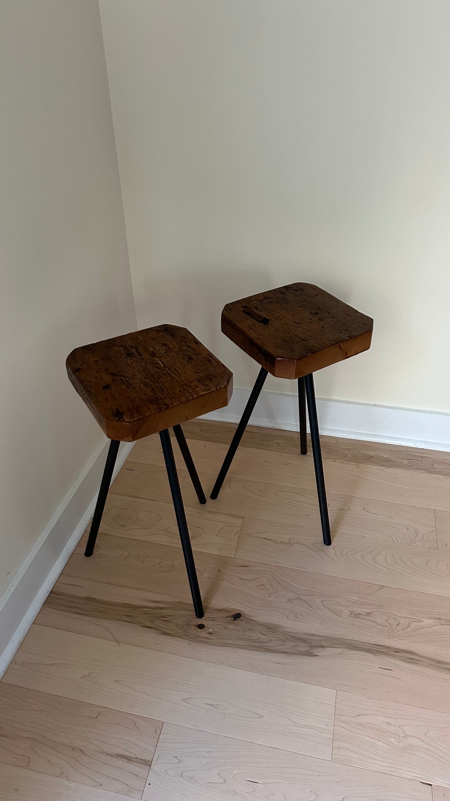 Rustic Wood and Steel Tripod Side Table / Plant Stand