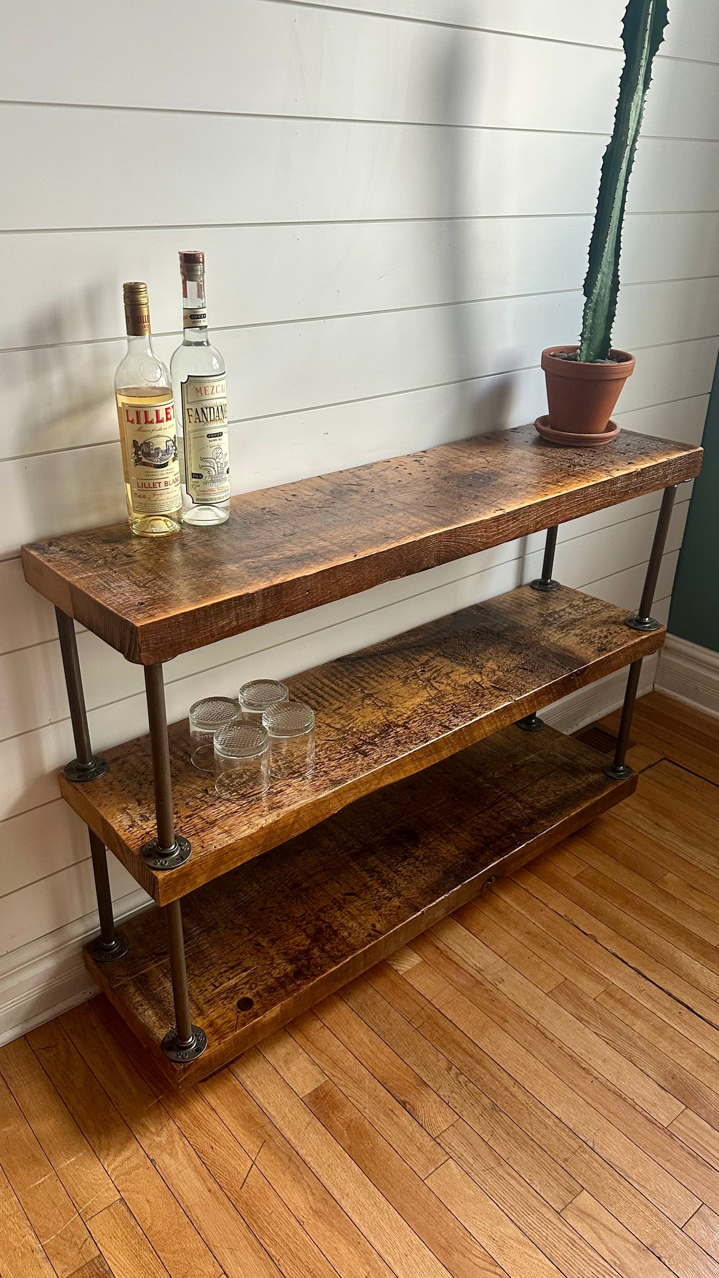 4’ Rustic Wood + Iron Pipe Media Stand / Bookcase