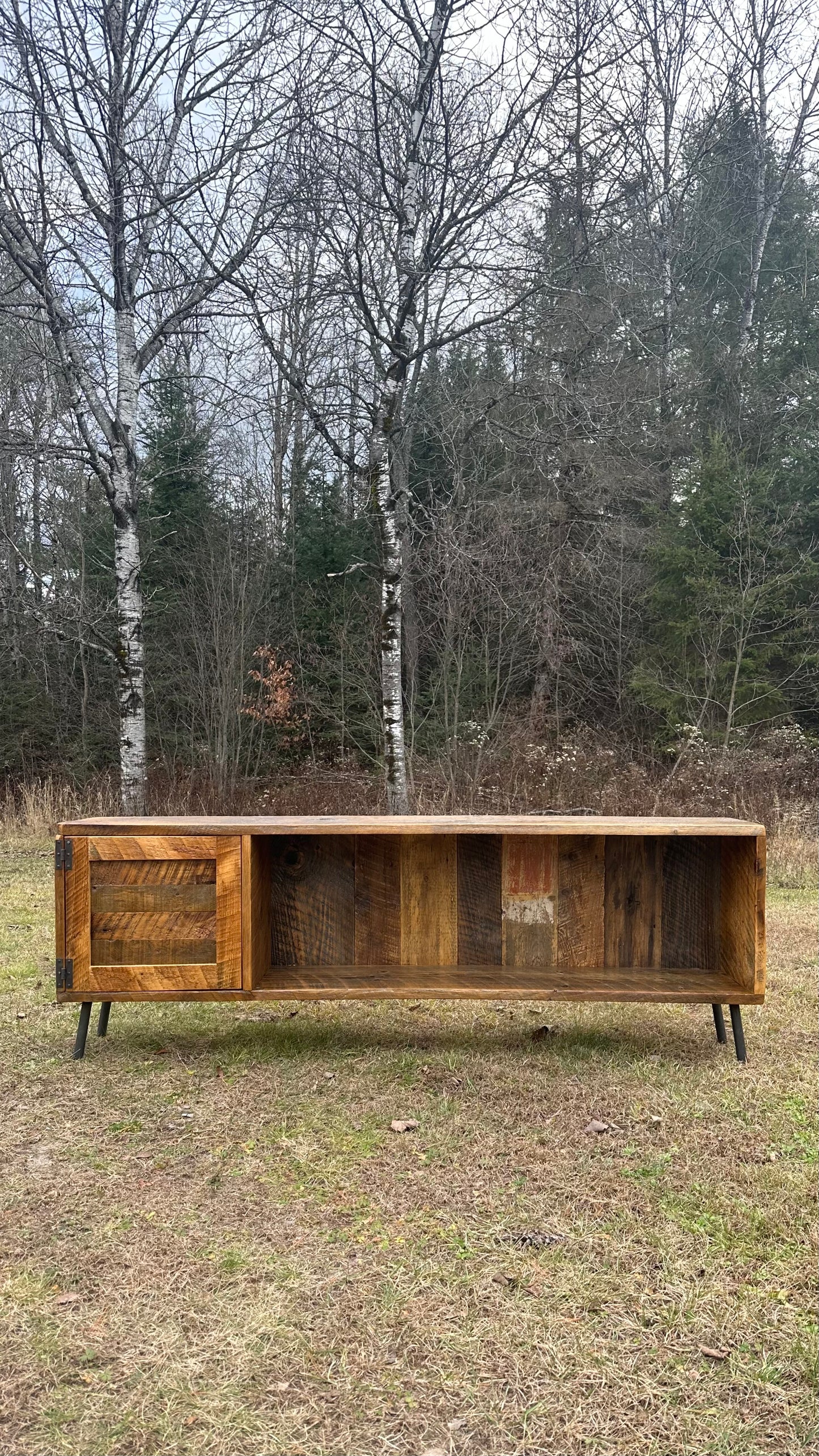 6’ L Rustic Reclaimed Barn Wood Media Cabinet / Stand - Steel Pin Legs