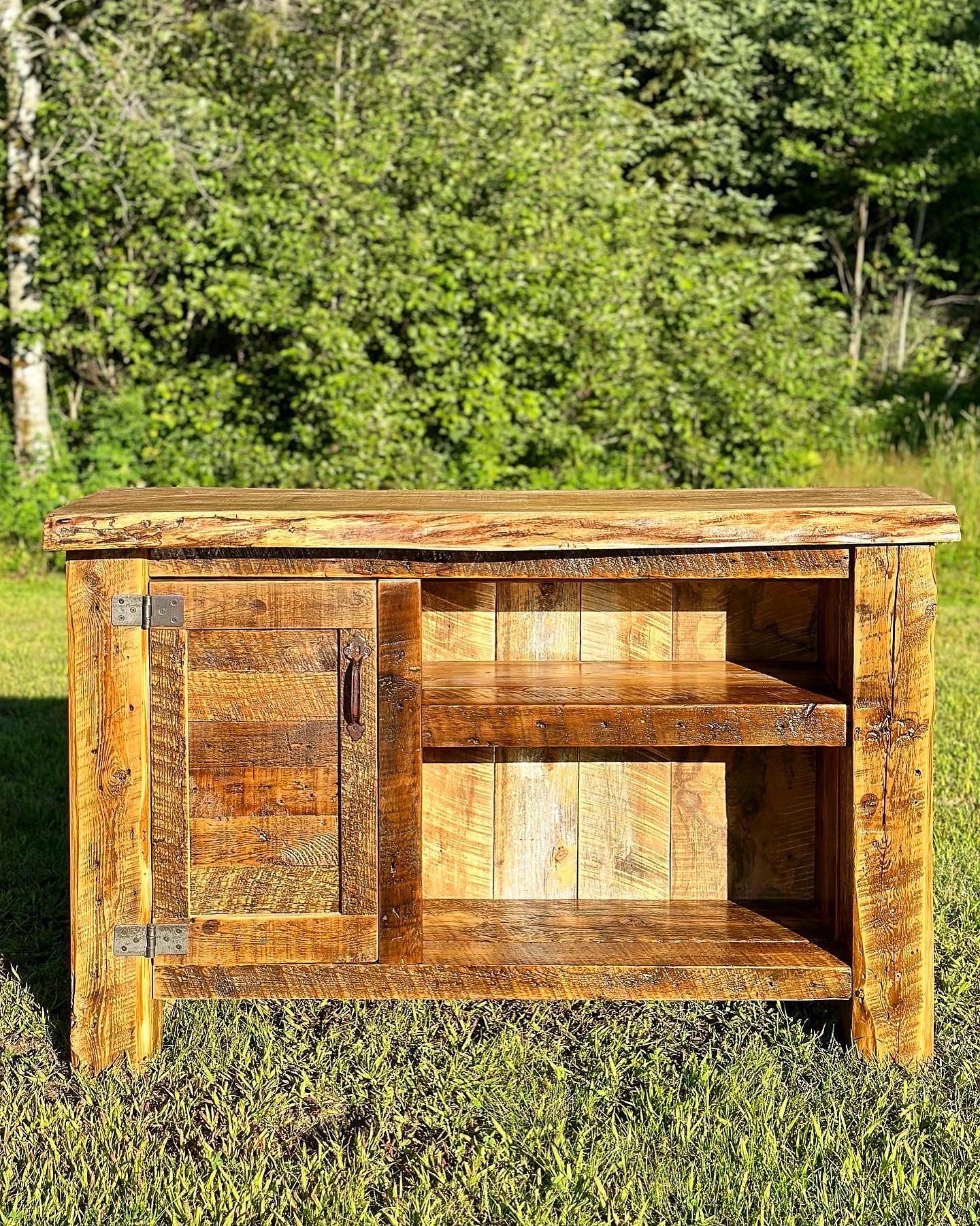 4.5’ L Rustic Live Edge + Reclaimed Wood Bar / Media Cabinet