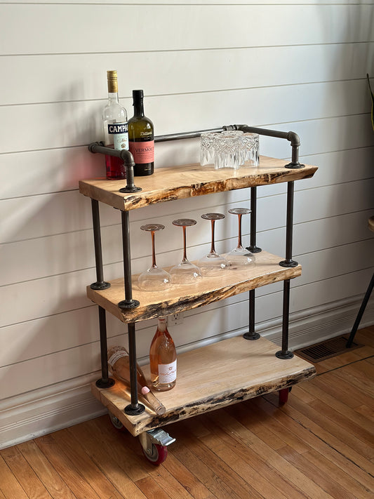28” L Rustic Live Edge Wood + Steel Bar Cart