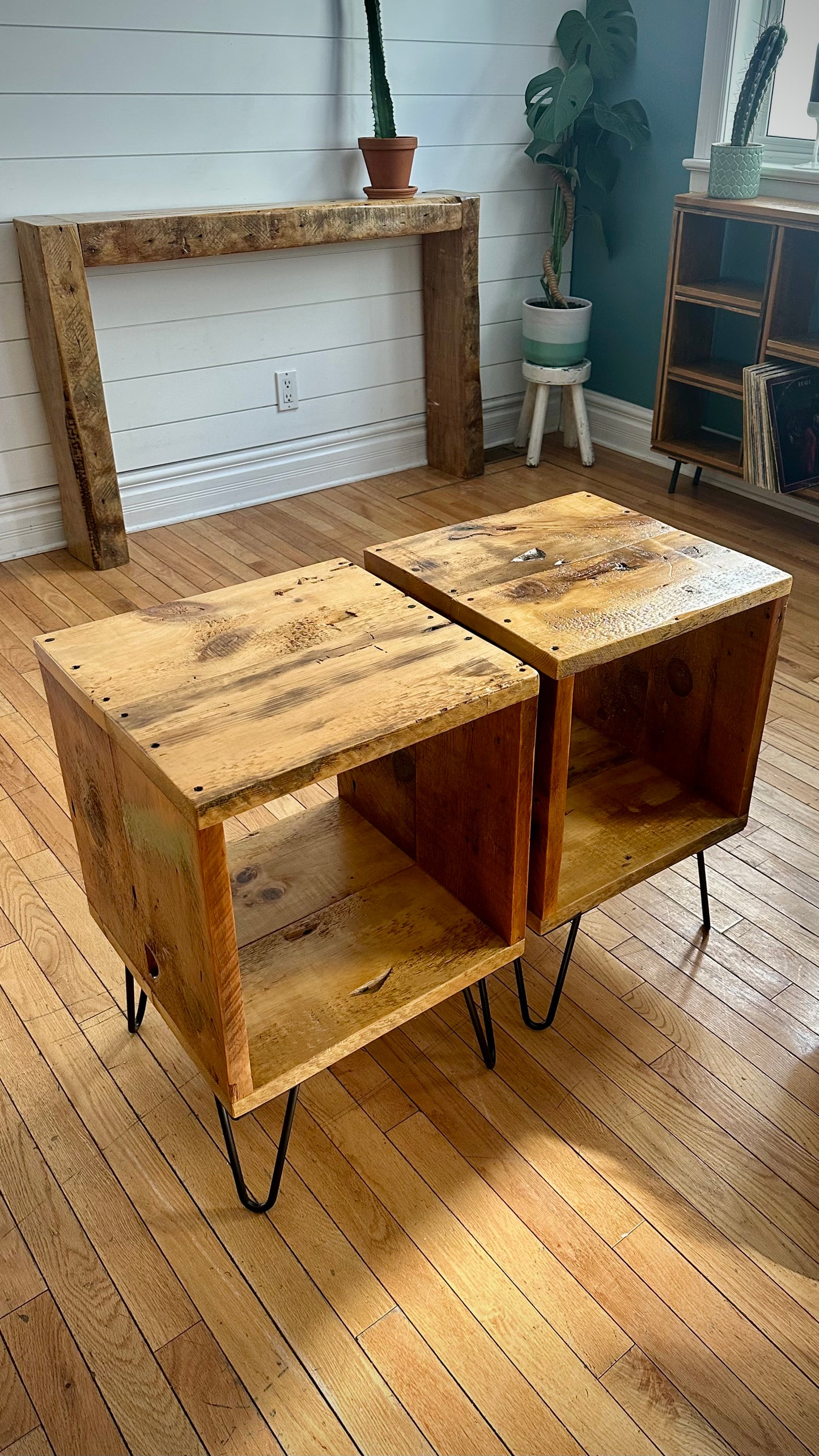 Set of 2 Rustic Reclaimed Wood Cube Side Tables / Night Stands on Hairpin Legs