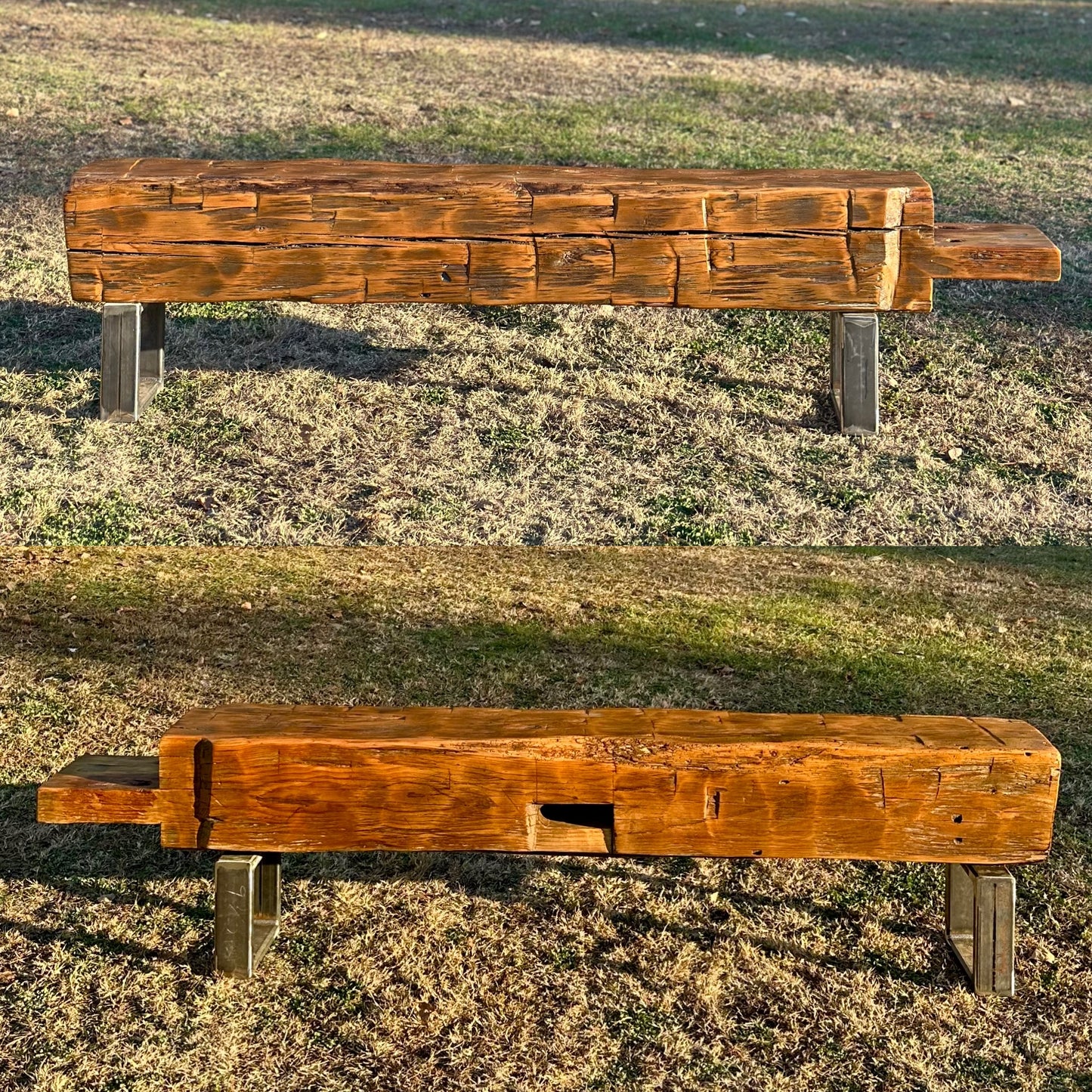 7’ L Rustic Reclaimed Hand Hewn Beam Bench / Low Console