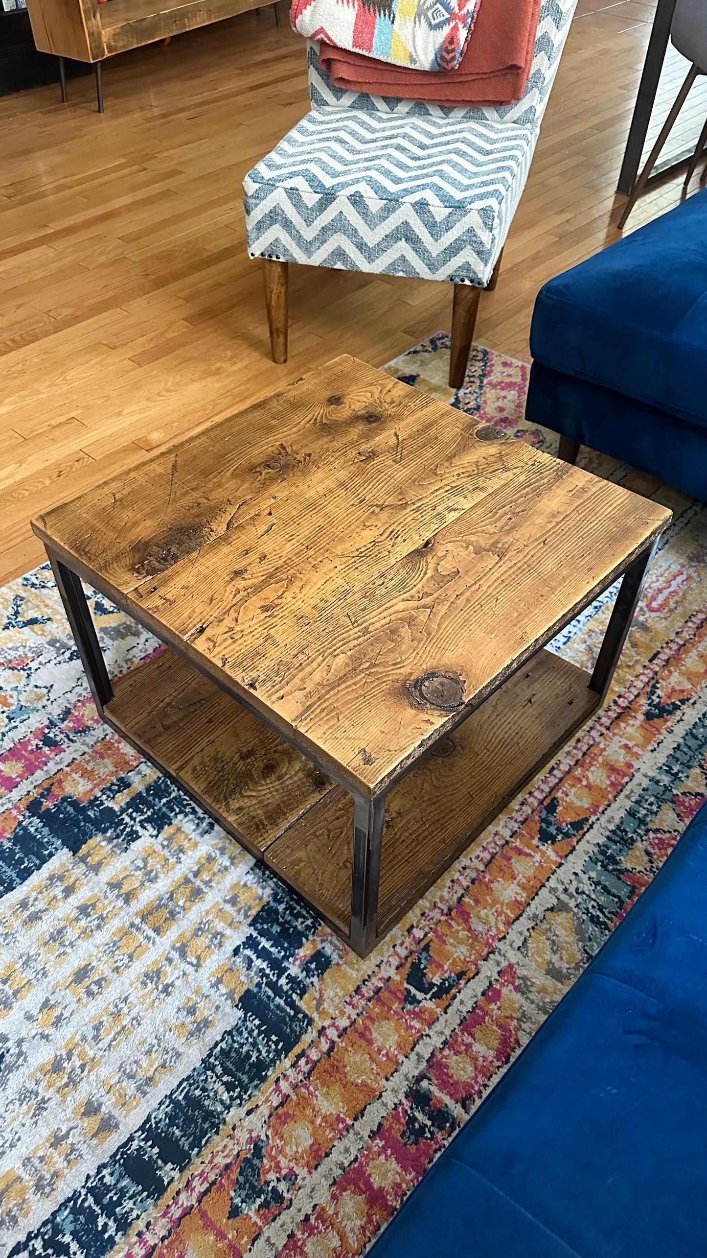 30” Square Rustic Wood and Steel Coffee Table