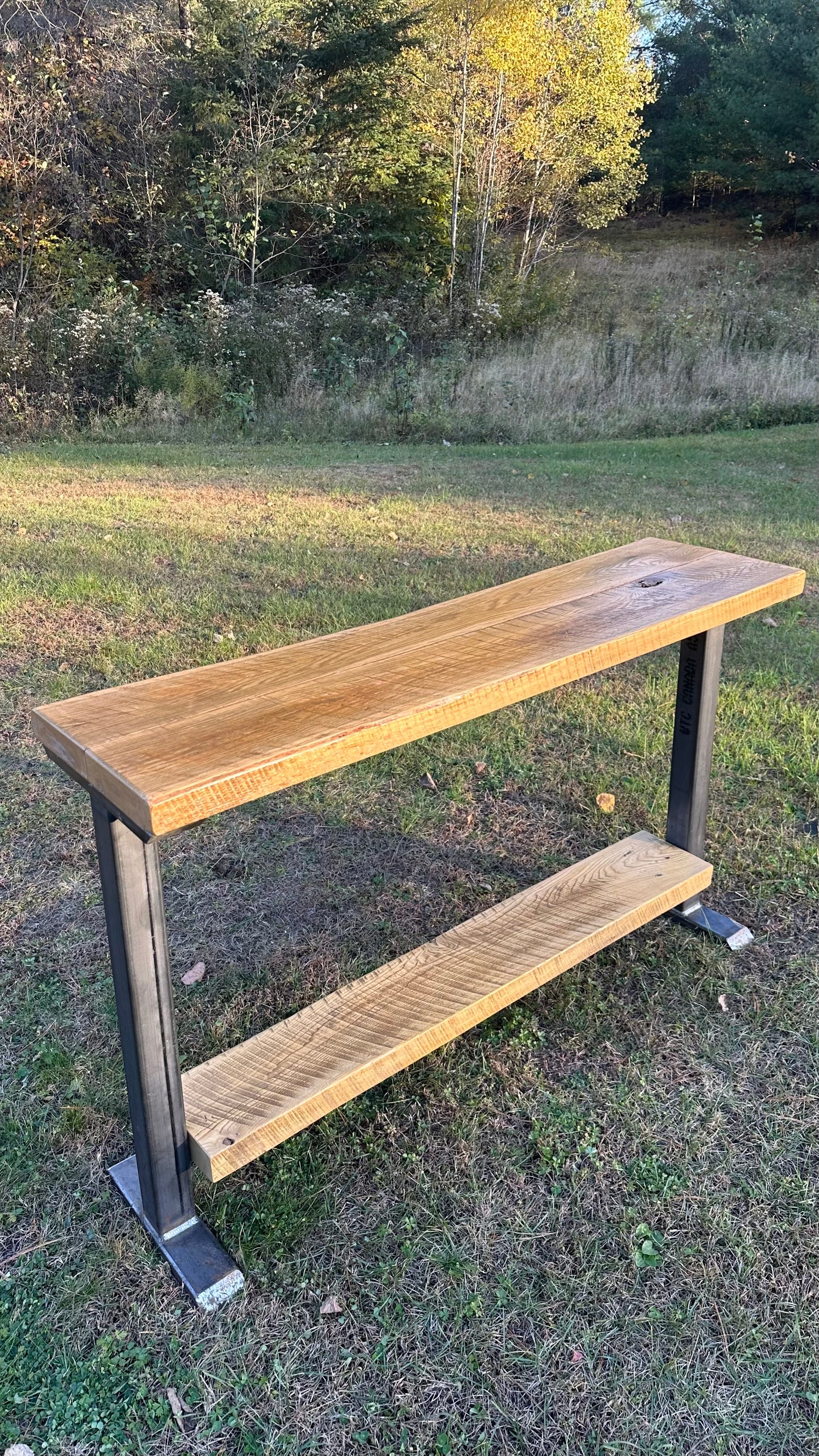 4 1/2’ L Rustic Reclaimed Ash Wood + Steel Bar / Console Table