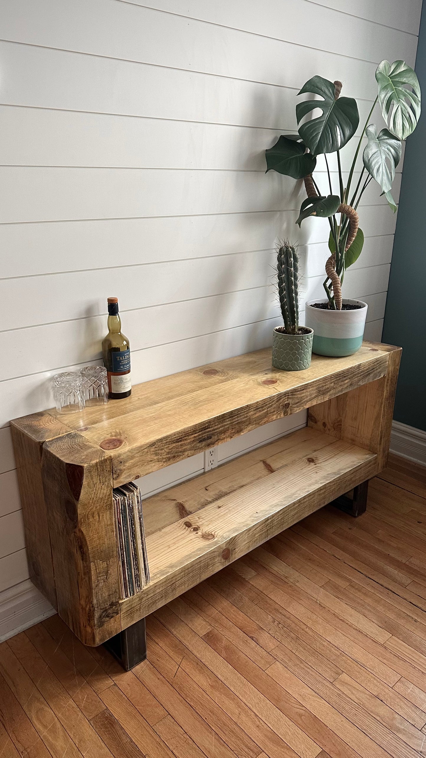 5’ L Rustic Pine Wood + Steel Media Stand