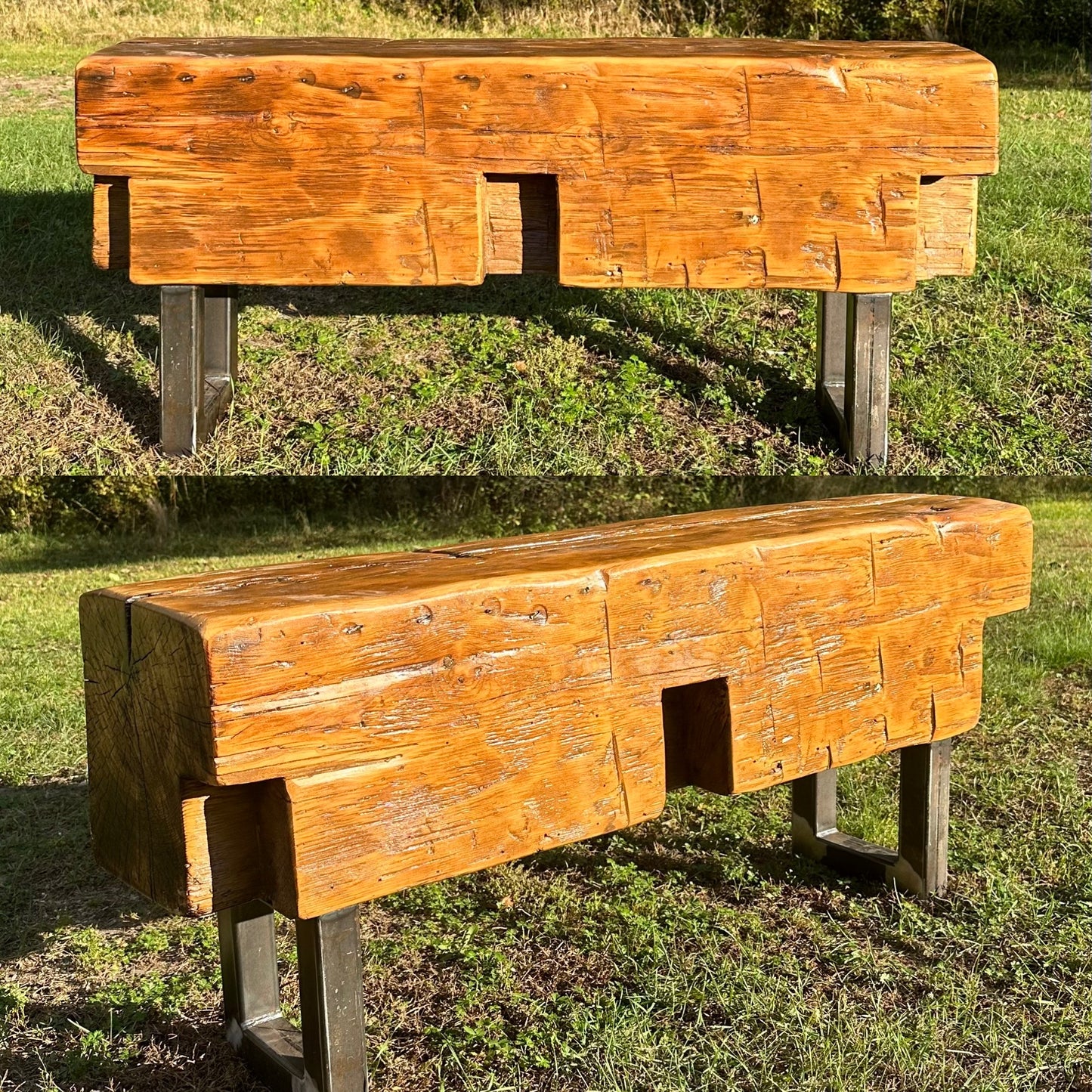4’ L Rustic Reclaimed Barn Wood Beam Bench / Table