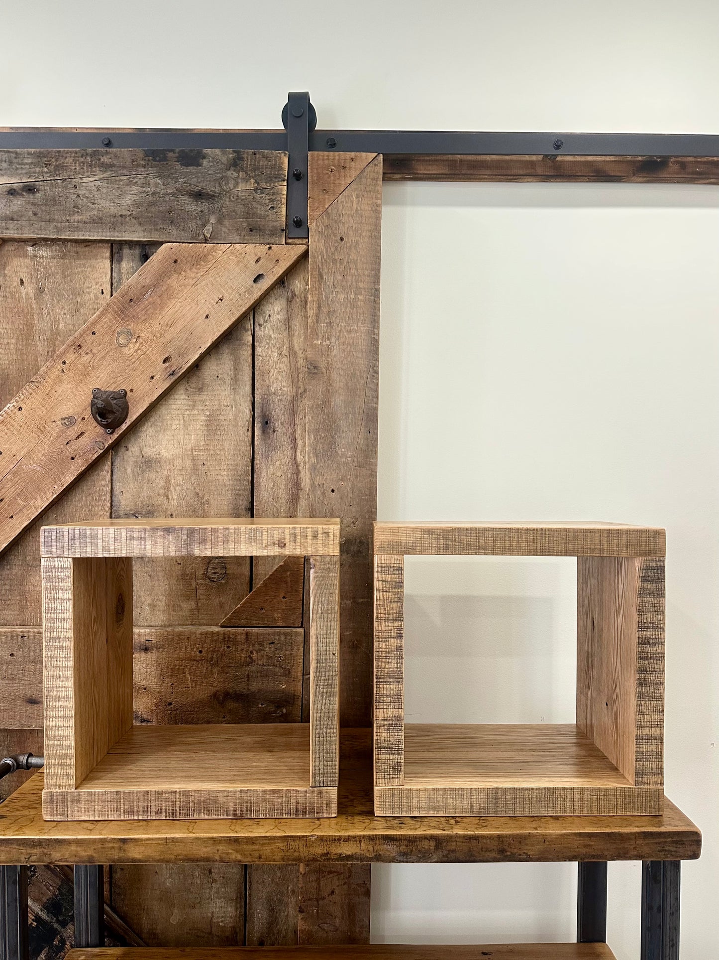 2 x Rustic Oak Wood Side Tables / Vinyl Cubbies