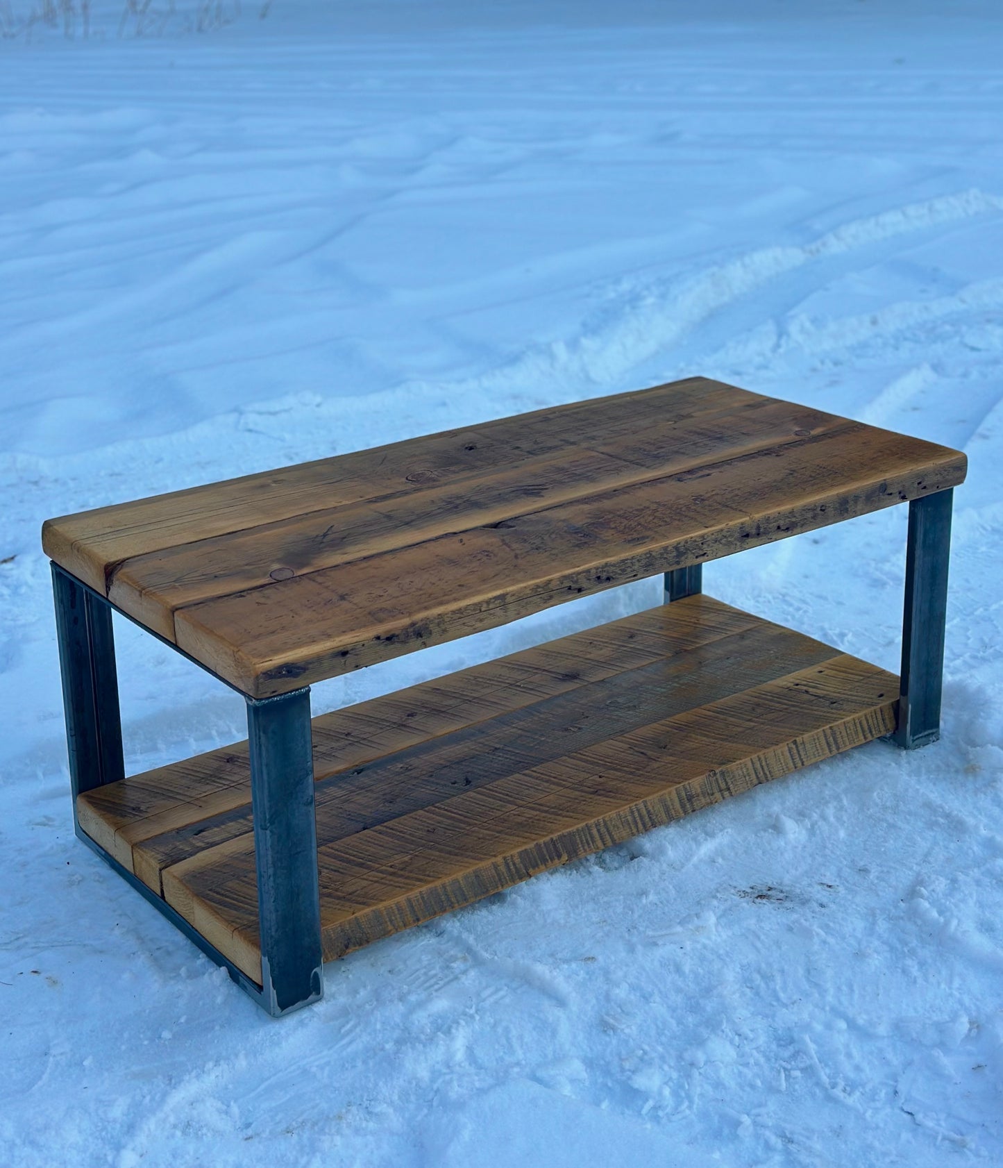 2 x 4’ Rustic Wood and Steel Coffee Table