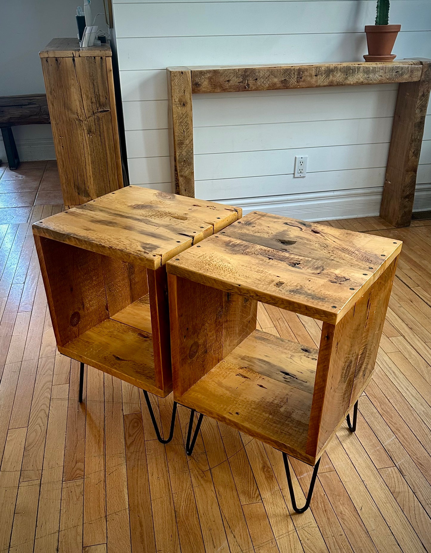 Set of 2 Rustic Reclaimed Wood Cube Side Tables / Night Stands on Hairpin Legs