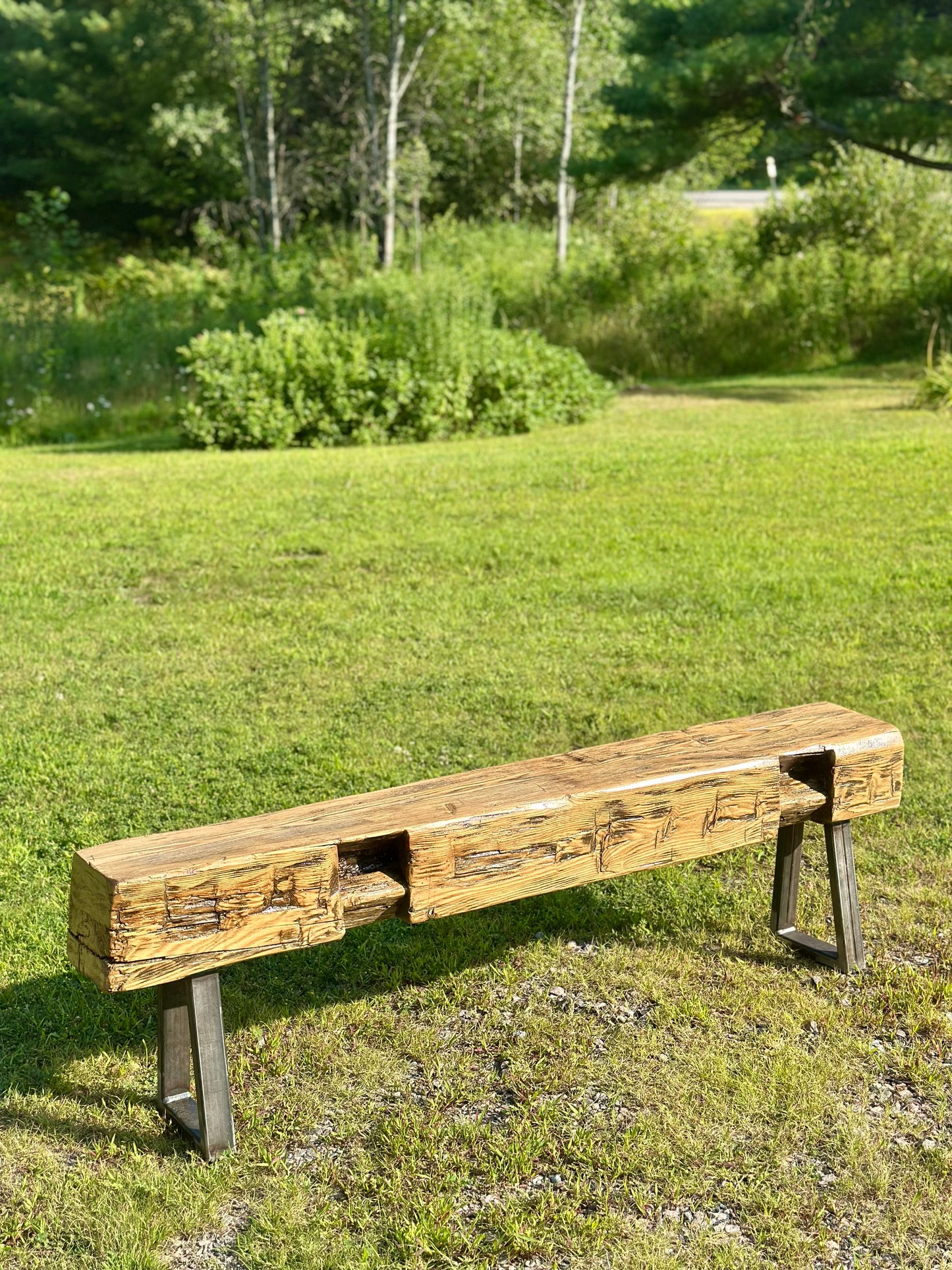 5’ L Rustic Barn Wood Beam + Steel Bench