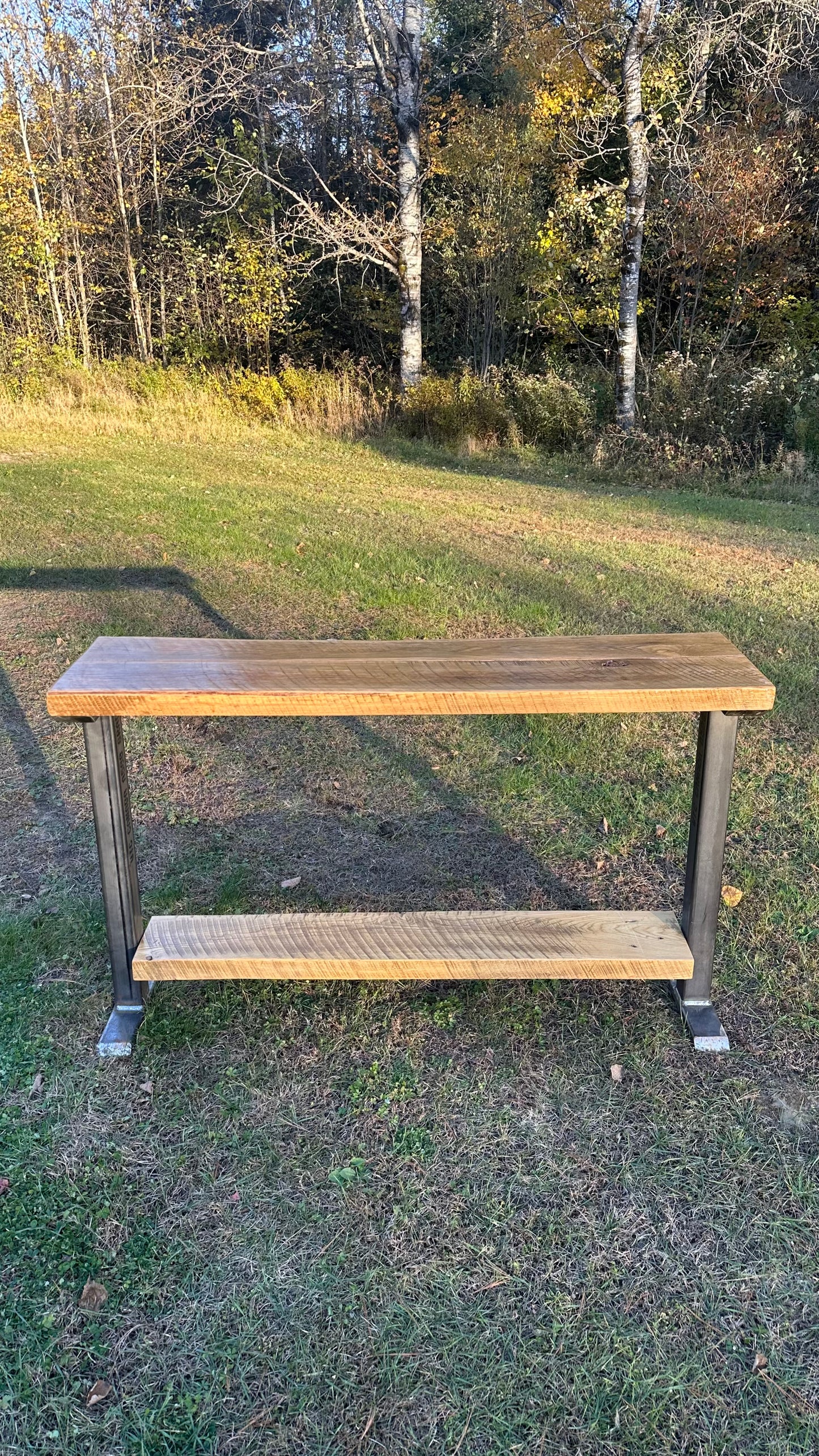 4 1/2’ L Rustic Reclaimed Ash Wood + Steel Bar / Console Table