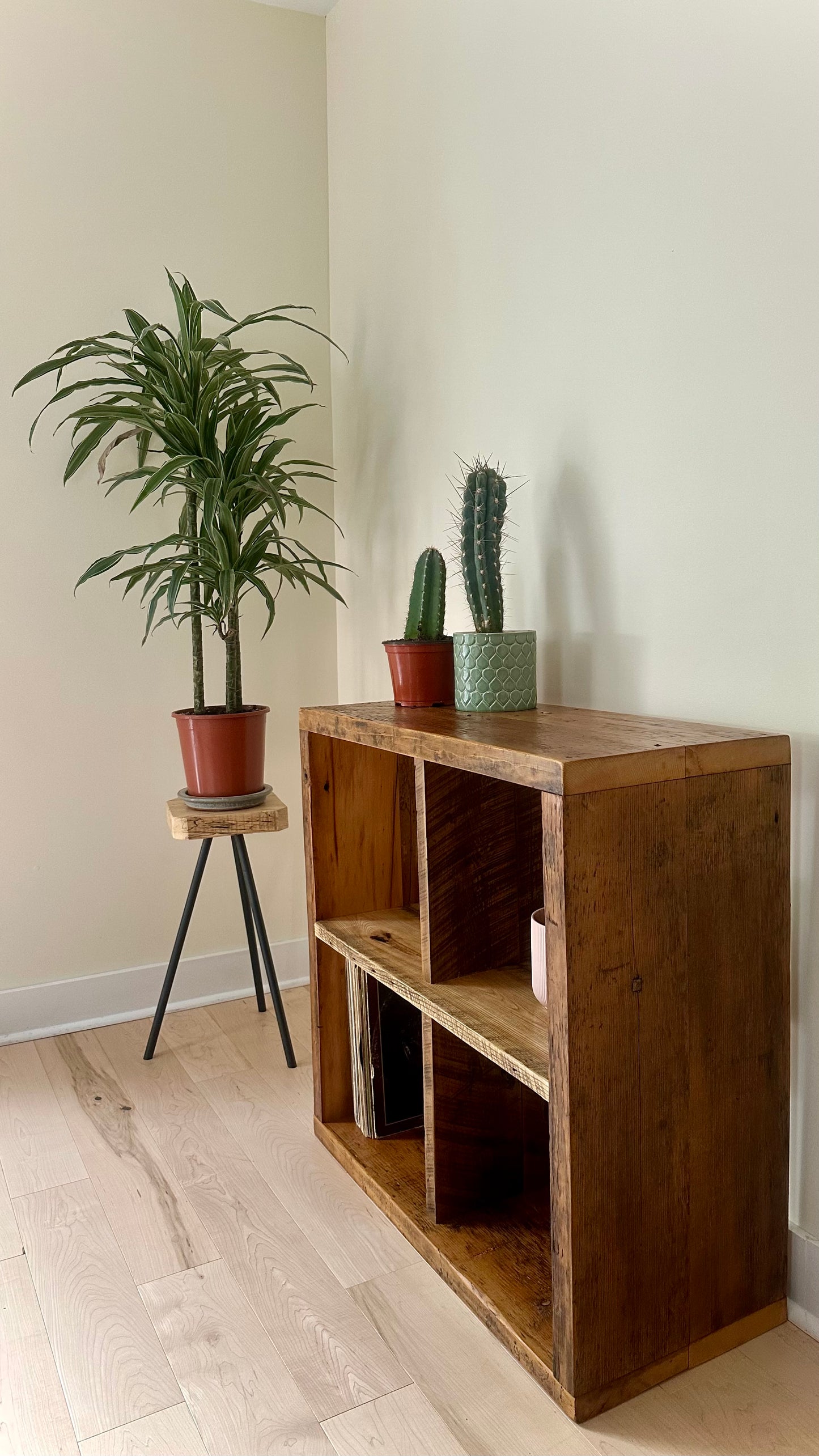32” Square Rustic Wood Shelf / Vinyl Storage