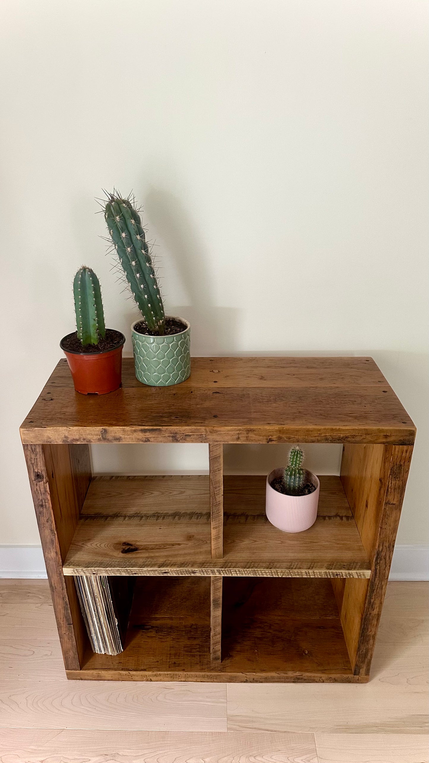 32” Square Rustic Wood Shelf / Vinyl Storage
