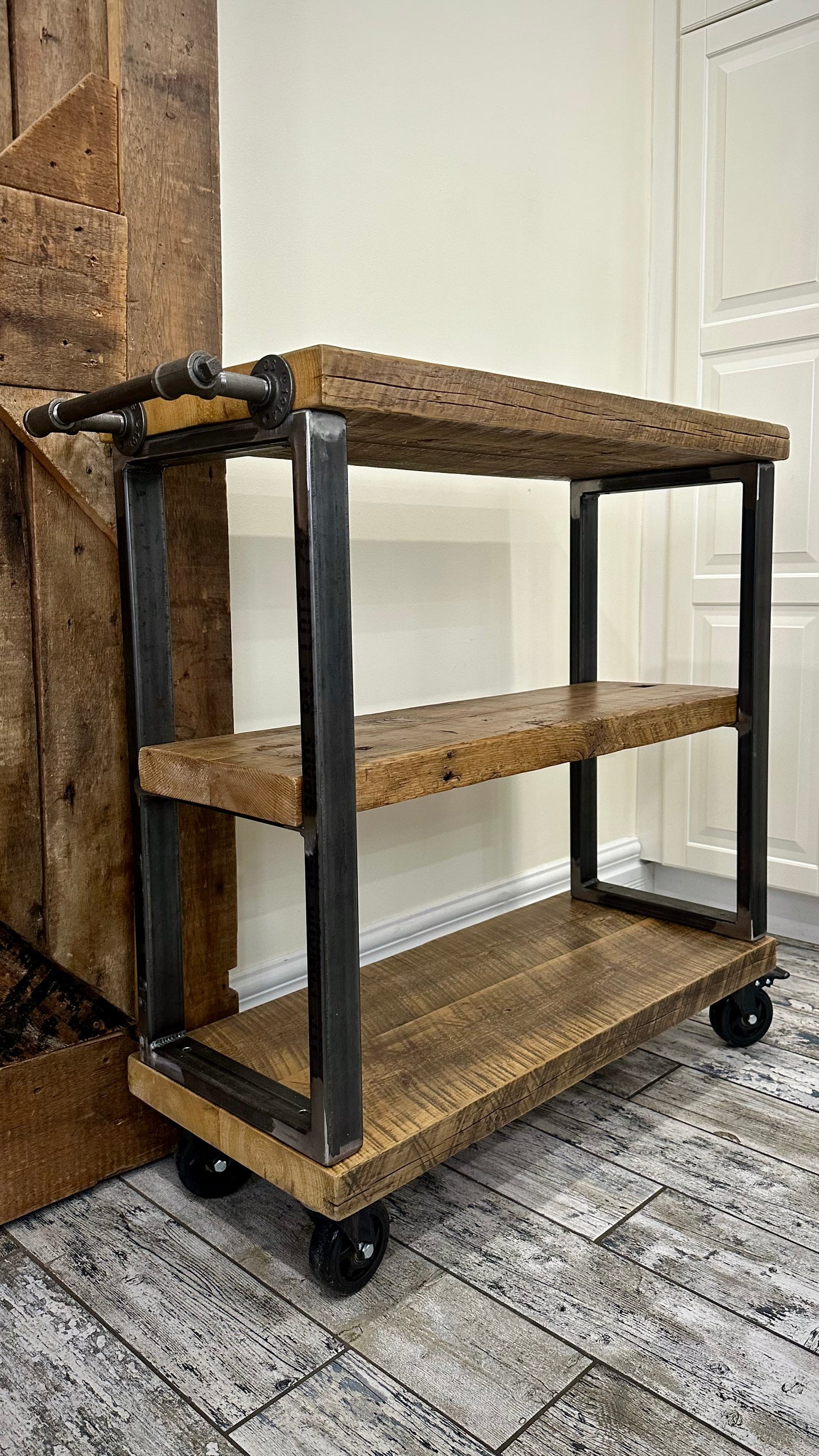 3’ L Rustic Wood + Steel Island / Bar Cart