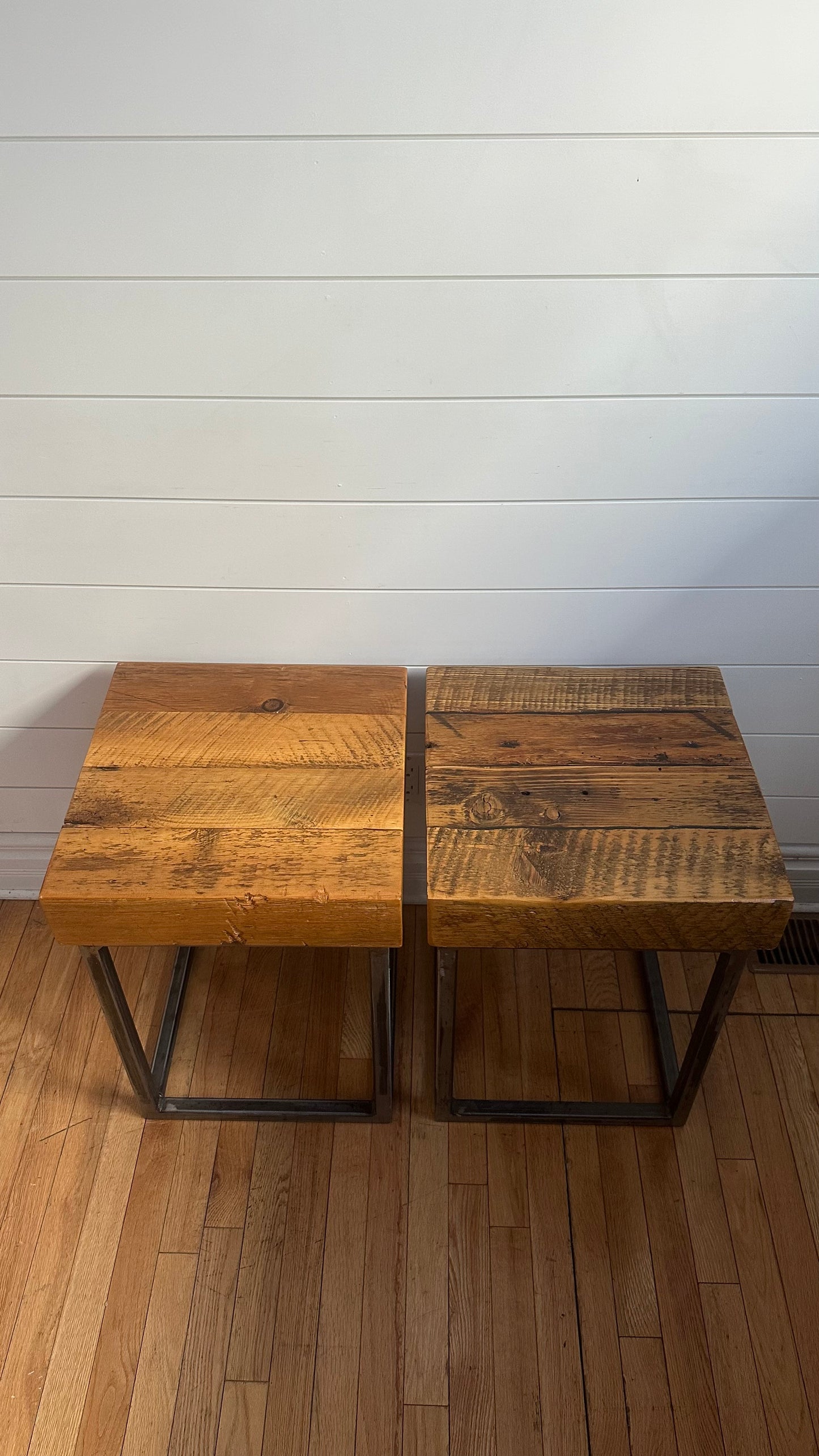 Set of 2 Rustic Reclaimed Barn Wood + Steel Side Tables