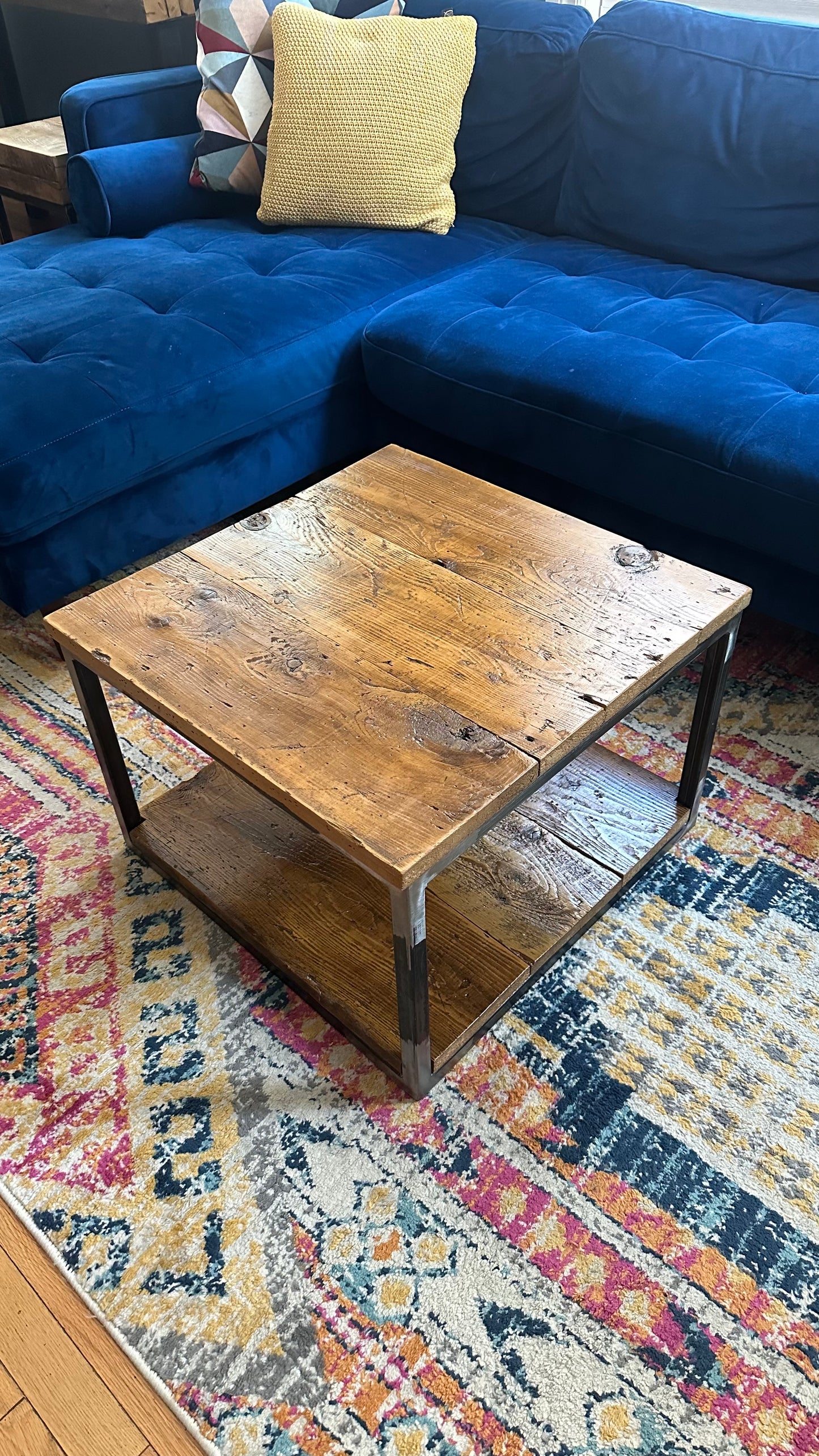 30” Square Rustic Wood and Steel Coffee Table