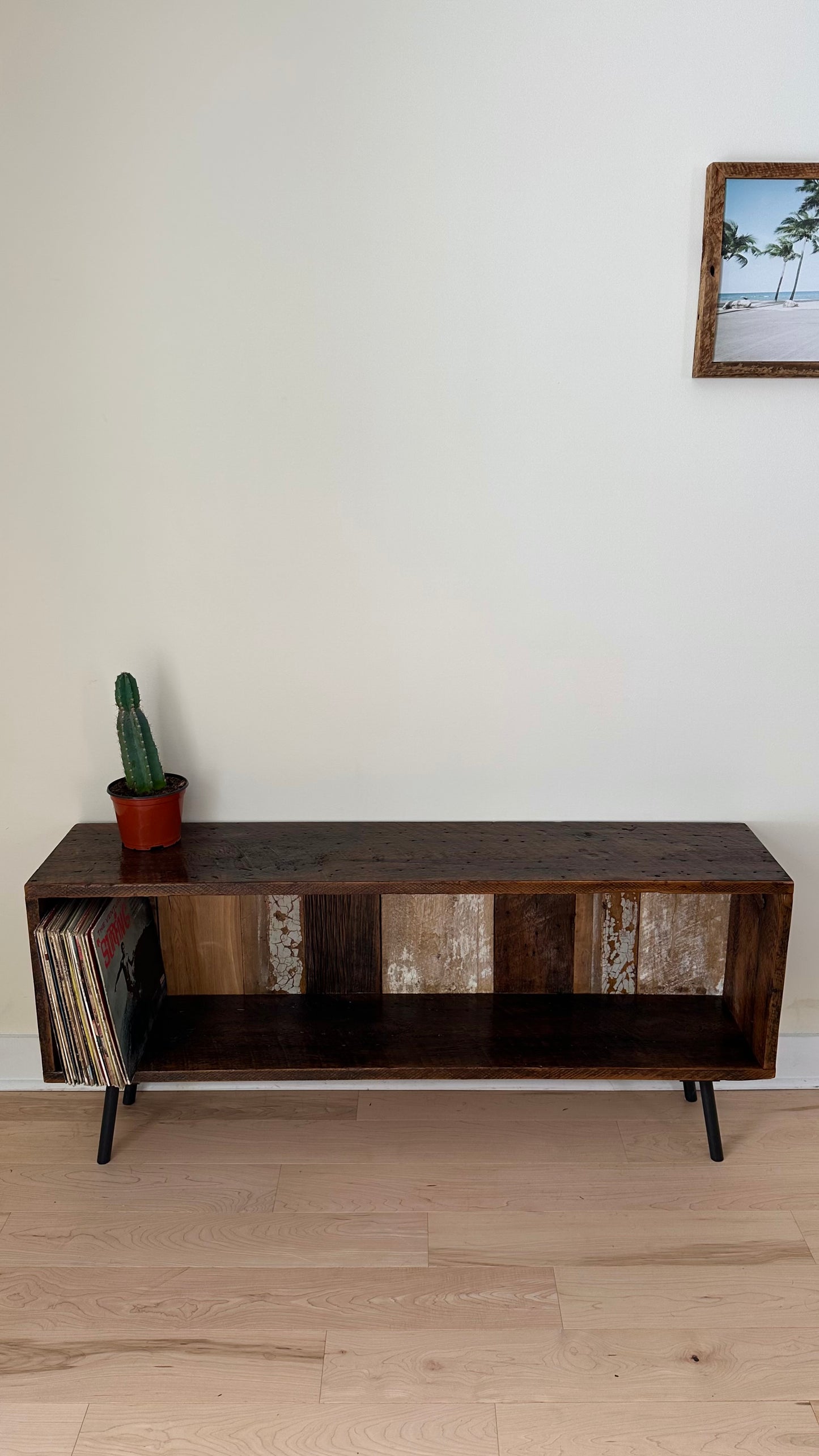 4 1/2’ L Rustic Wood Media Stand on Pin Legs